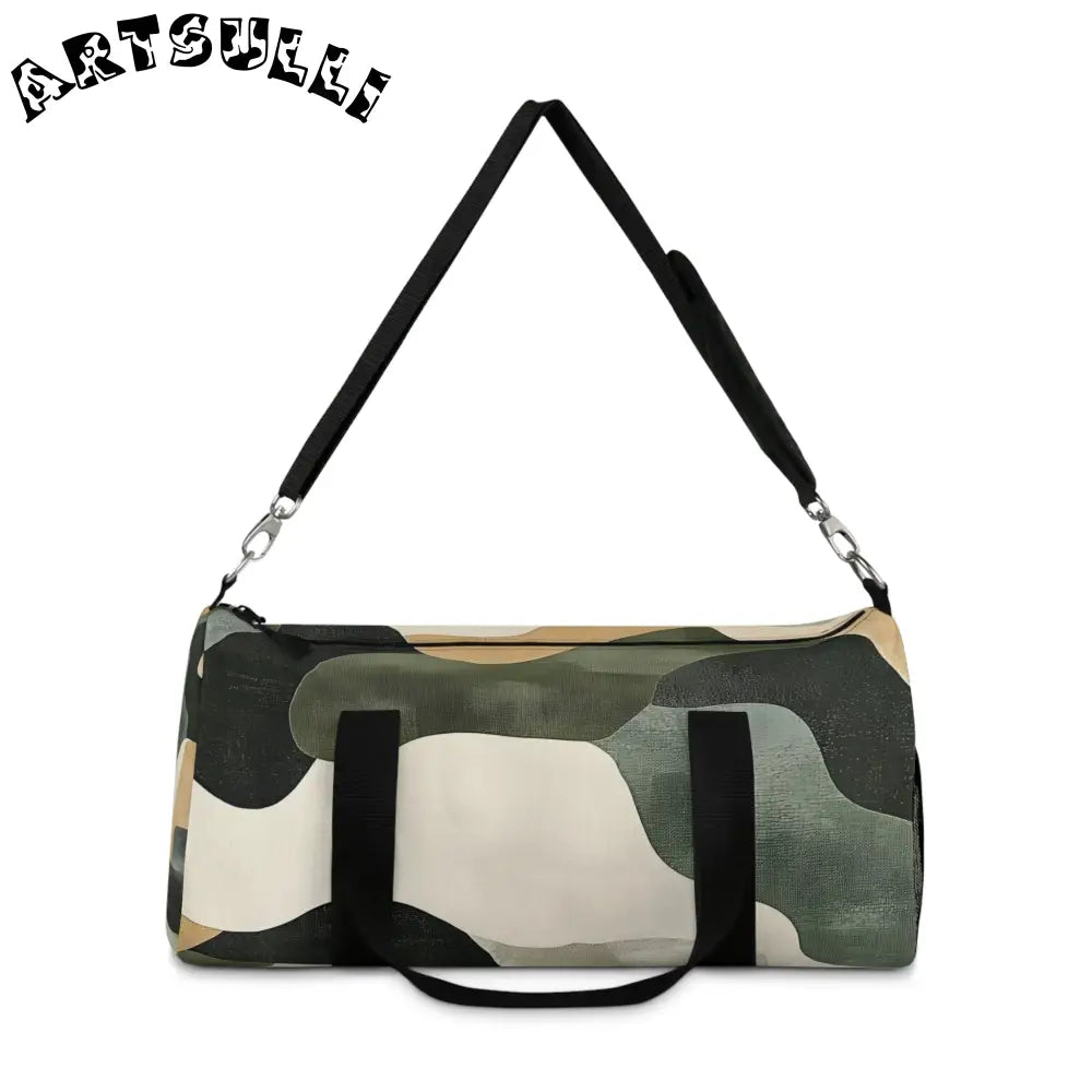 JAKKOUTTHEBXX Camouflage Patterned Duffel Bag with Black Straps