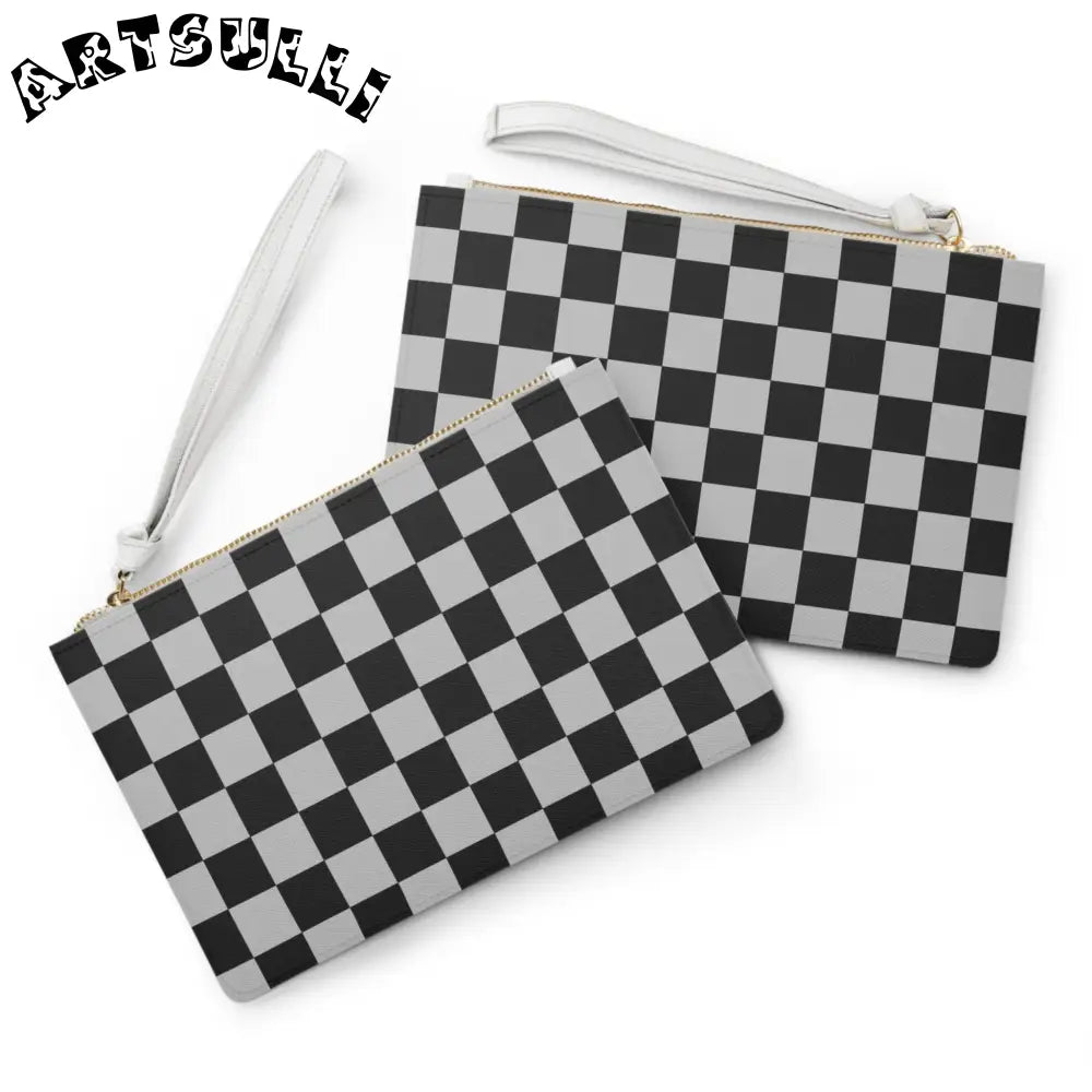JAKKOUTTHEBXX Checkered Gray Clutch Bag with Wrist Strap