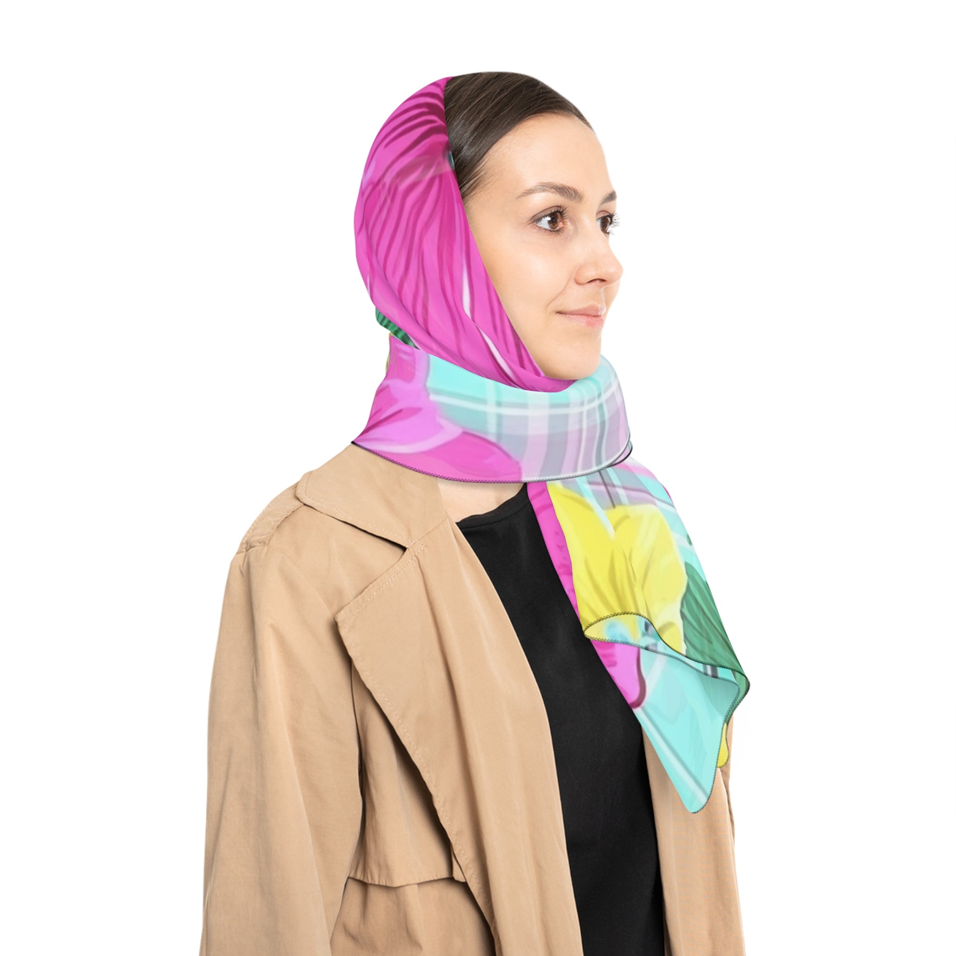 Plaid Hibiscus Pink and Yellow Poly Scarf, Artsulli - Art is Long, Life is Short, Accessories, , , , , , , 
