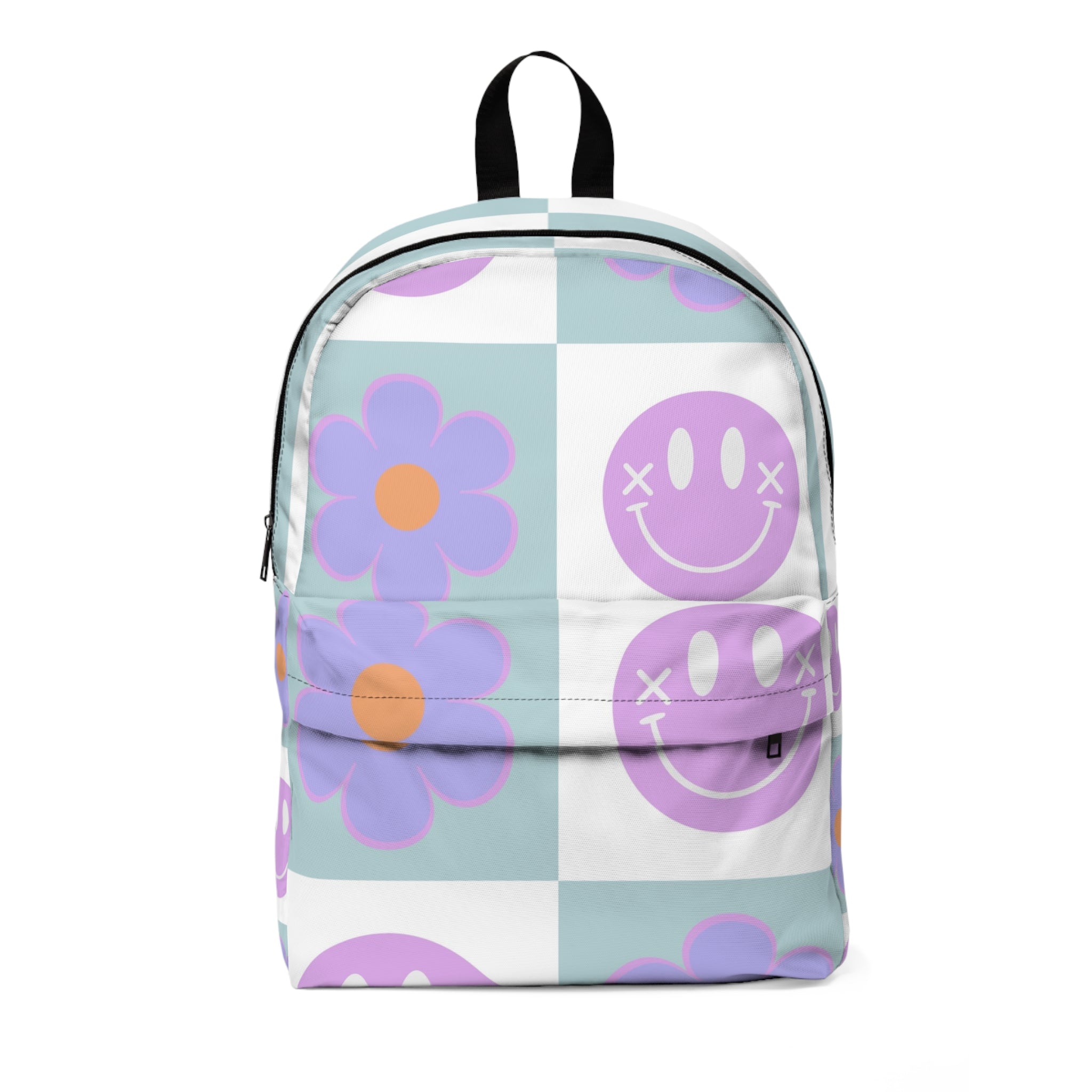 Flower x Smiley Face x Checkerboard Purple Unisex Classic Backpack, Artsulli - Art is Long, Life is Short, Bags, Size, One size, , , , , 10868115097088