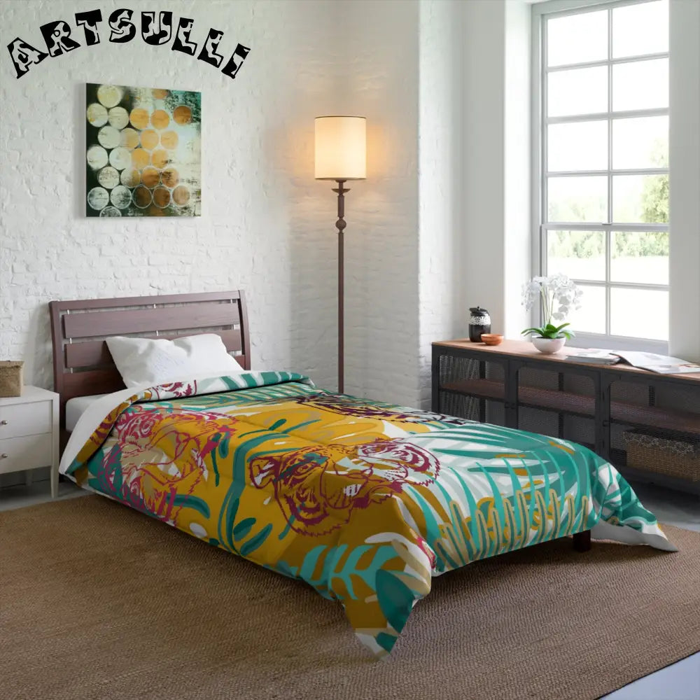 JAKKOUTTHEBXX Tropical Jungle Tigers Brown and Green Comforter