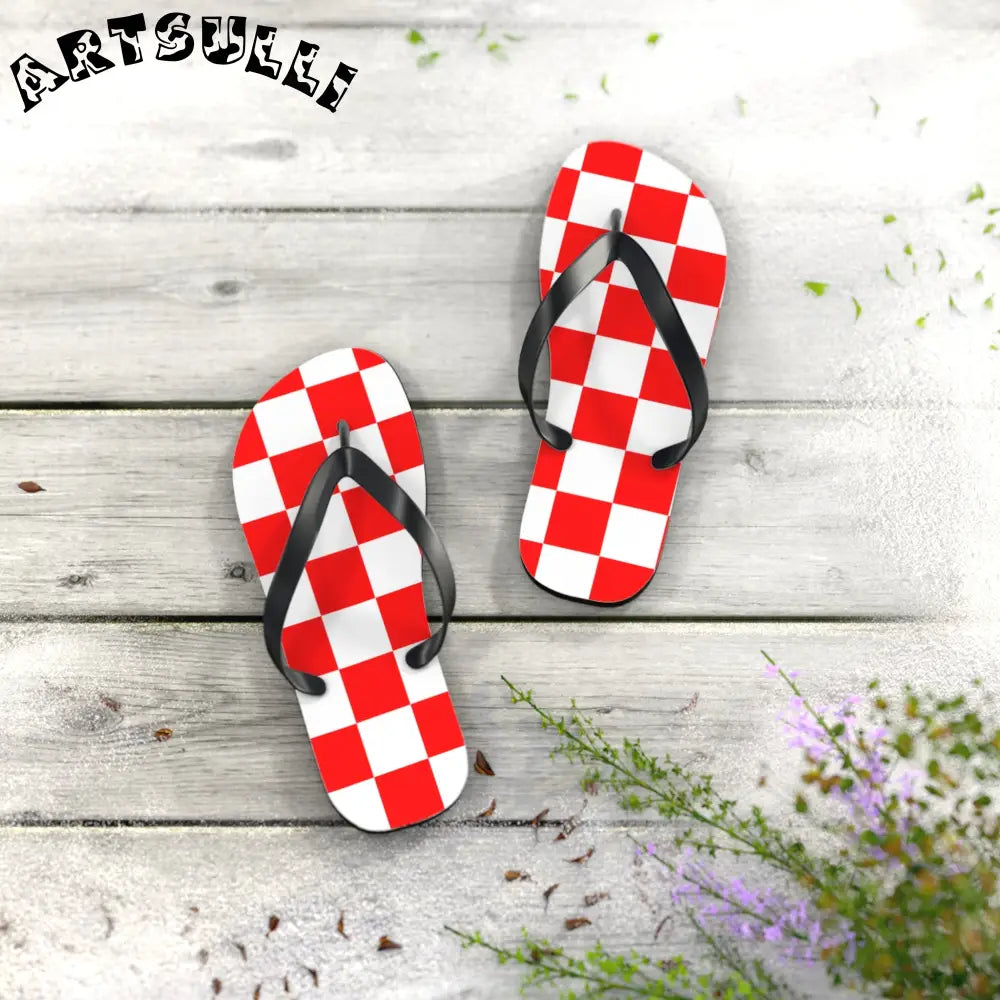 JAKKOUTTHEBXX Checkerboard Red and White Flip Flops JAKKOUTTHEBXX