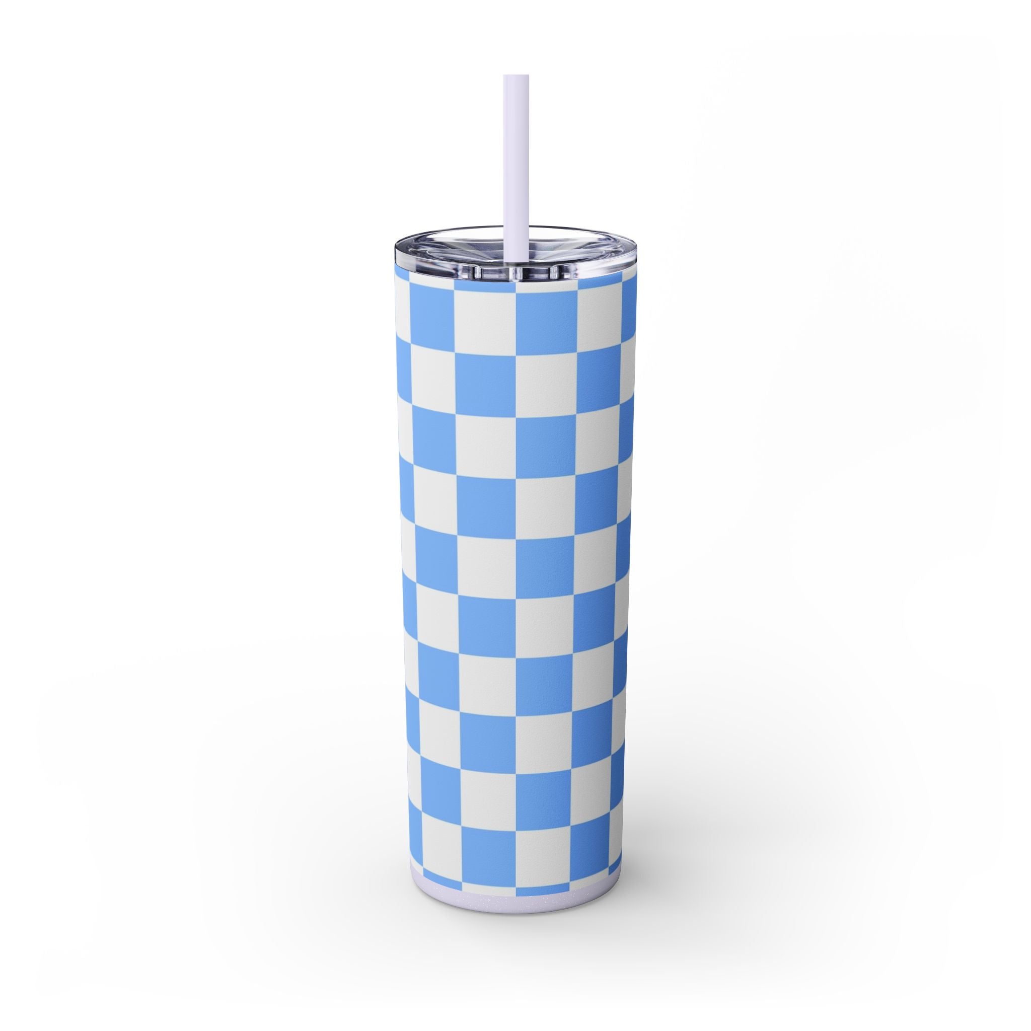 Checkerboard White and Light Blue Skinny Tumbler with Straw, 20oz, Artsulli - Art is Long, Life is Short, Mug, , , , , , , 