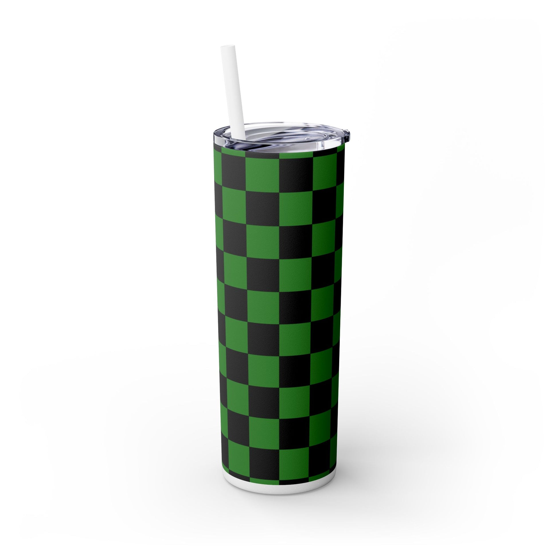 Checkerboard Green and Black Skinny Tumbler with Straw, 20oz, Artsulli - Art is Long, Life is Short, Mug, , , , , , , 