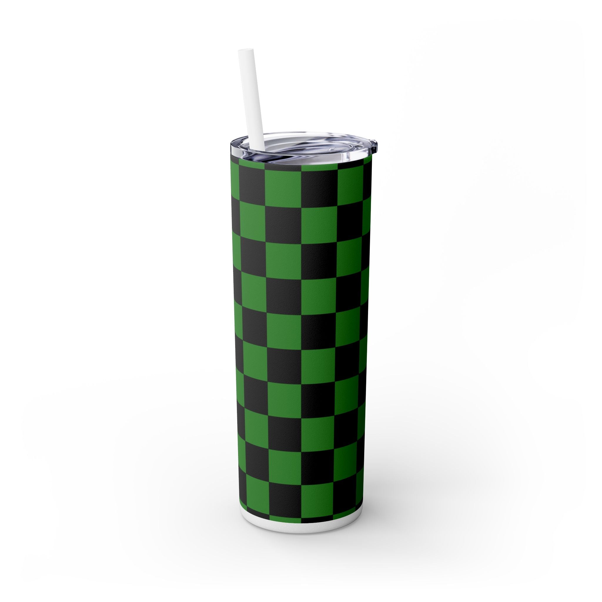 Checkerboard Green and Black Skinny Tumbler with Straw, 20oz, Artsulli - Art is Long, Life is Short, Mug, , , , , , , 