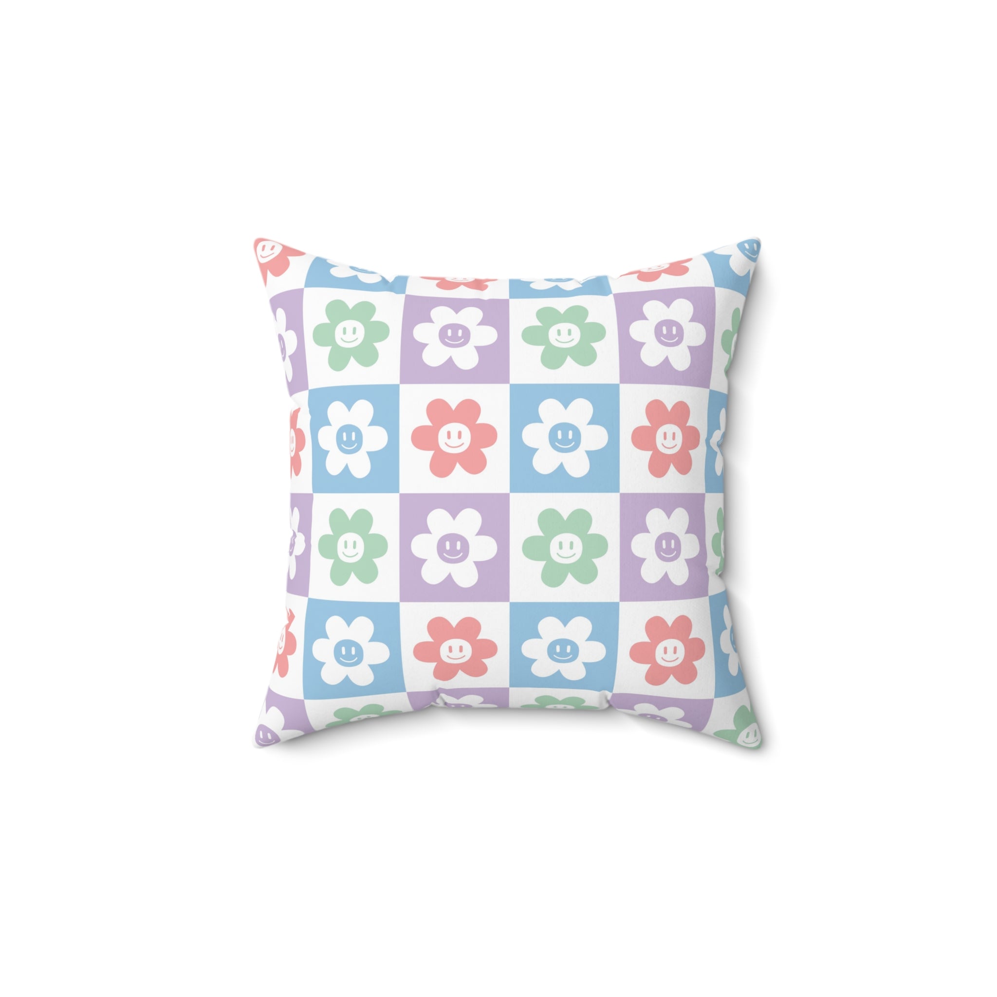 Chessboard x Smiley Face Flowers Multi-Color Spun Polyester Square Pillow, Artsulli - Art is Long, Life is Short, Home Decor, , , , , , , 