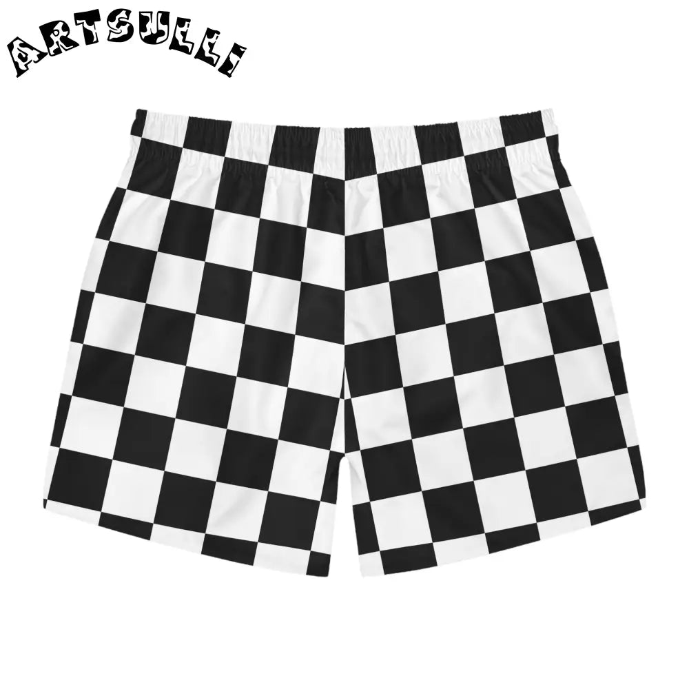 JAKKOUTTHEBXX Checkerboard Black and White Swim Trunks (AOP)