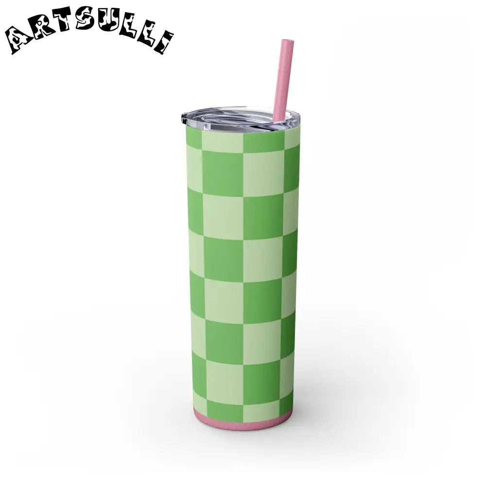 JAKKOUTTHEBXX Checkerboard Green Skinny Tumbler with Straw 20oz