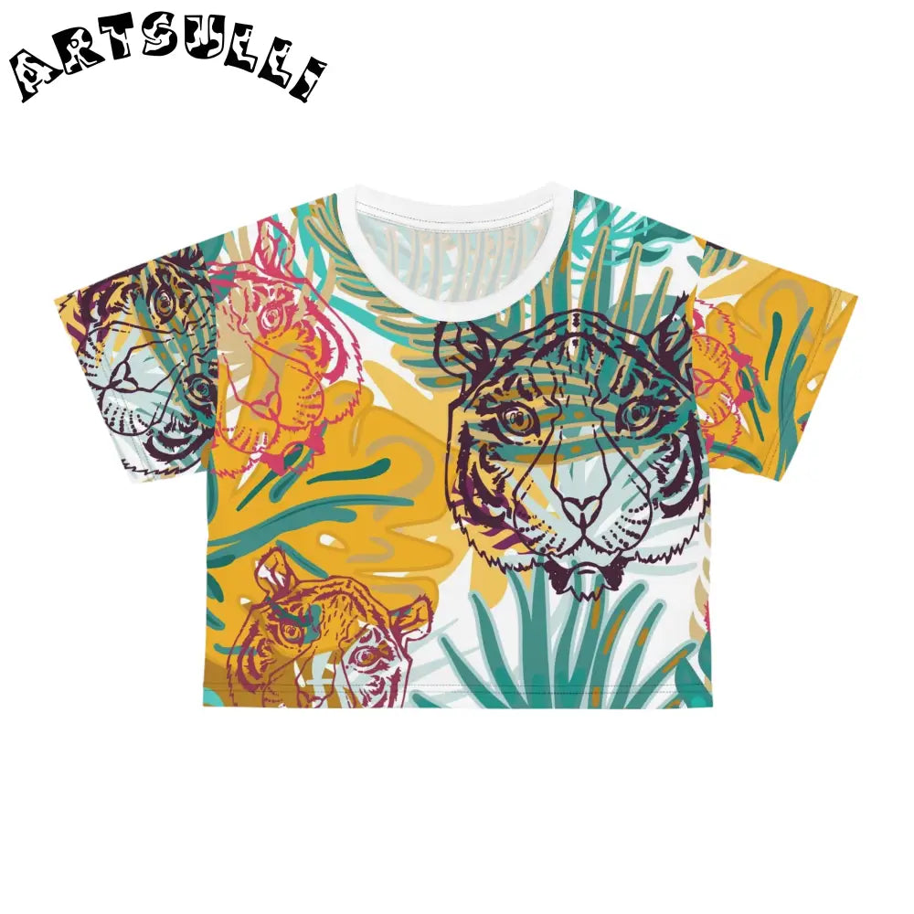 JAKKOUTTHEBXX Tropical Jungle Tigers Brown and Green Crop Tee (AOP)