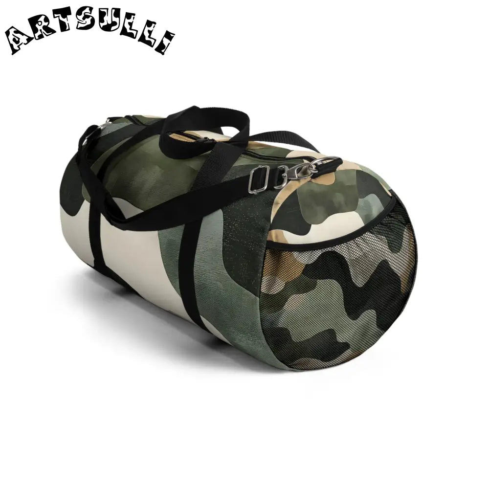 JAKKOUTTHEBXX Camouflage Patterned Duffel Bag with Black Straps