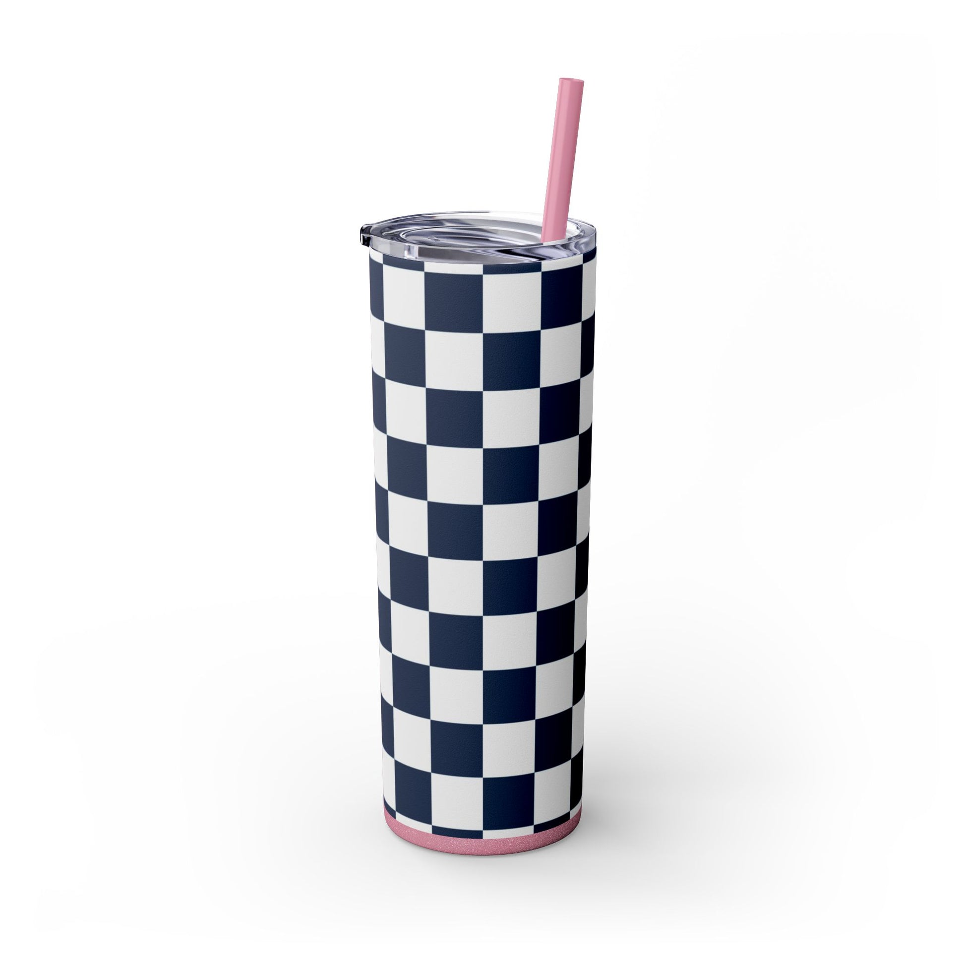 Checkerboard White and Navy Blue Skinny Tumbler with Straw, 20oz, Artsulli - Art is Long, Life is Short, Mug, , , , , , , 