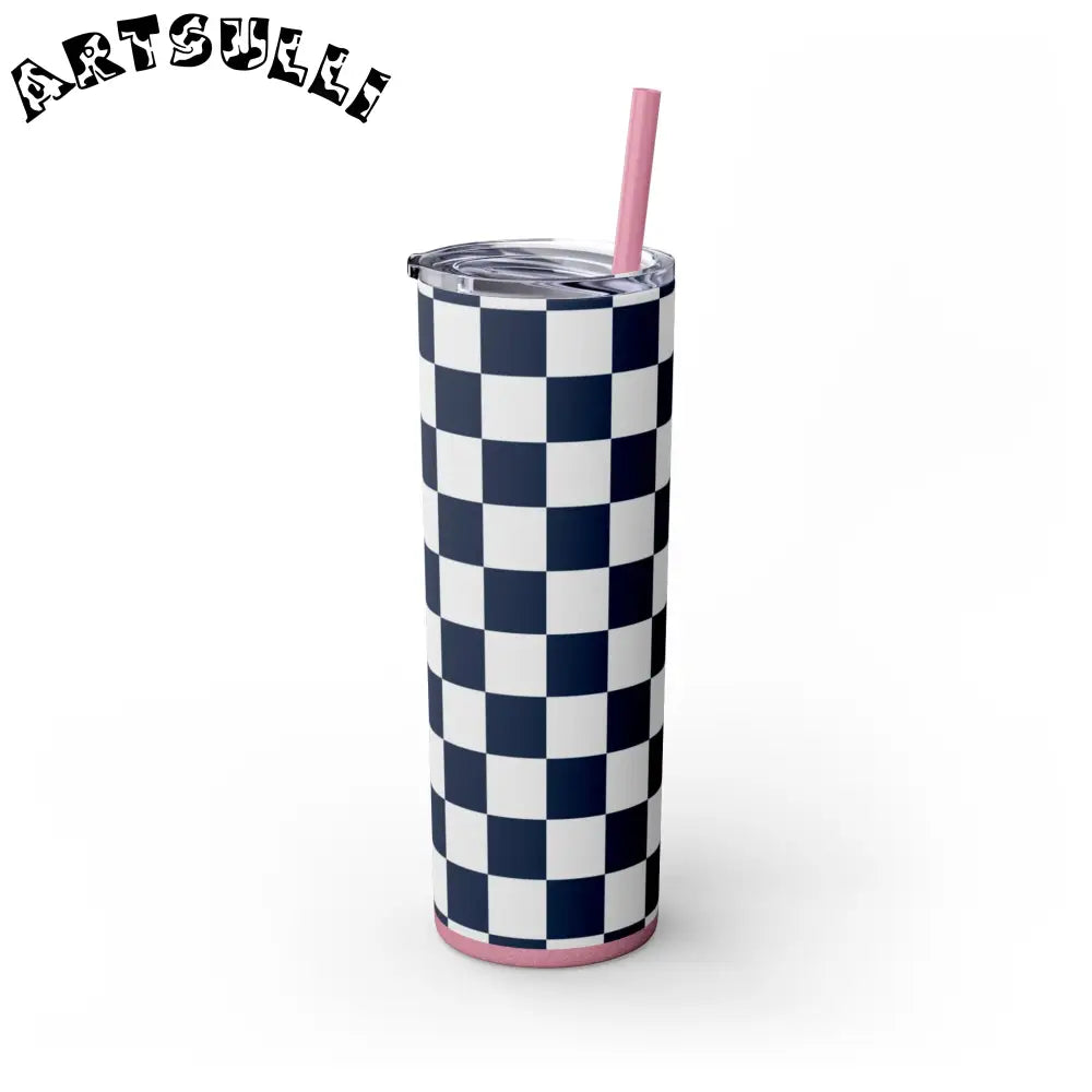 JAKKOUTTHEBXX Checkerboard White and Navy Blue Skinny Tumbler