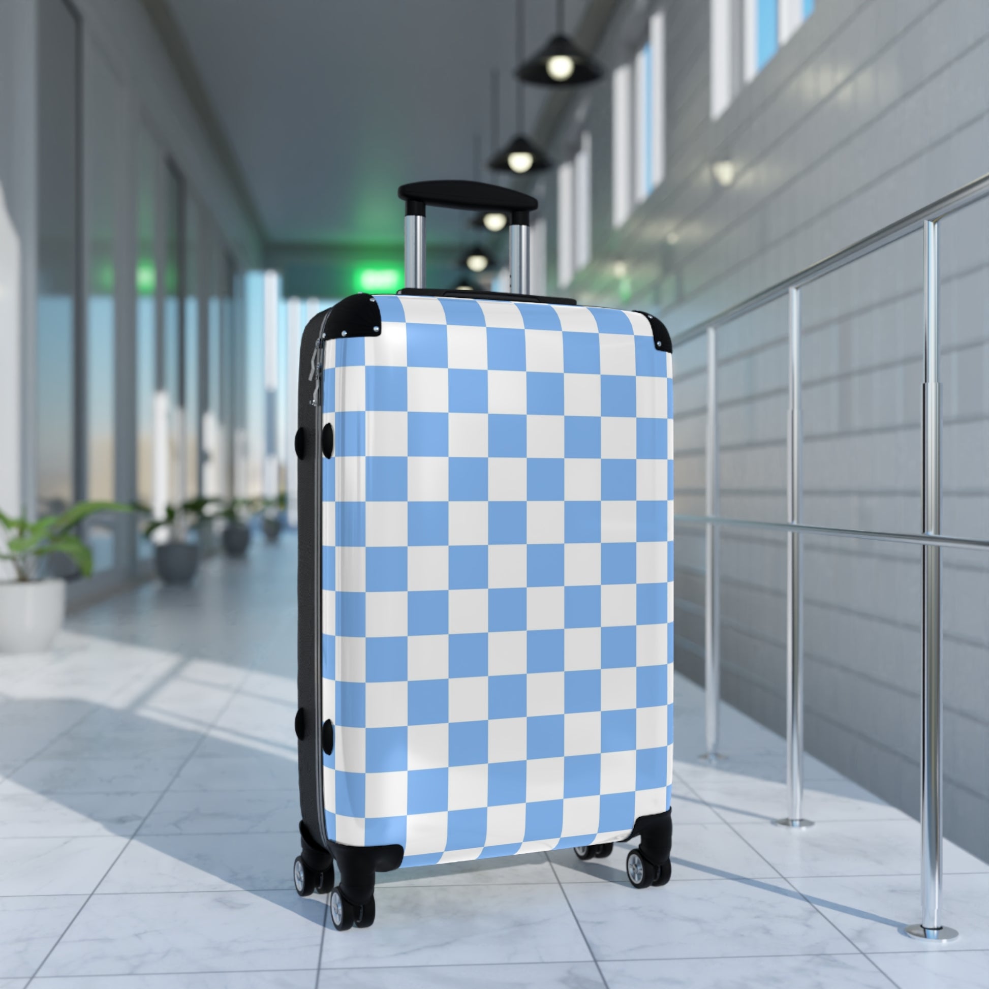Checkerboard White and Light Blue Suitcase, Artsulli - Art is Long, Life is Short, Bags, , , , , , , 