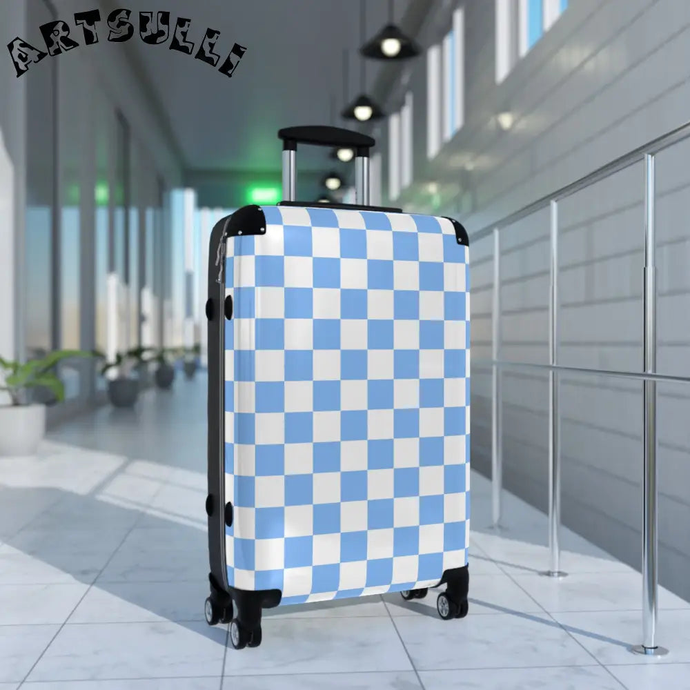 JAKKOUTTHEBXX Checkerboard White and Light Blue Suitcase