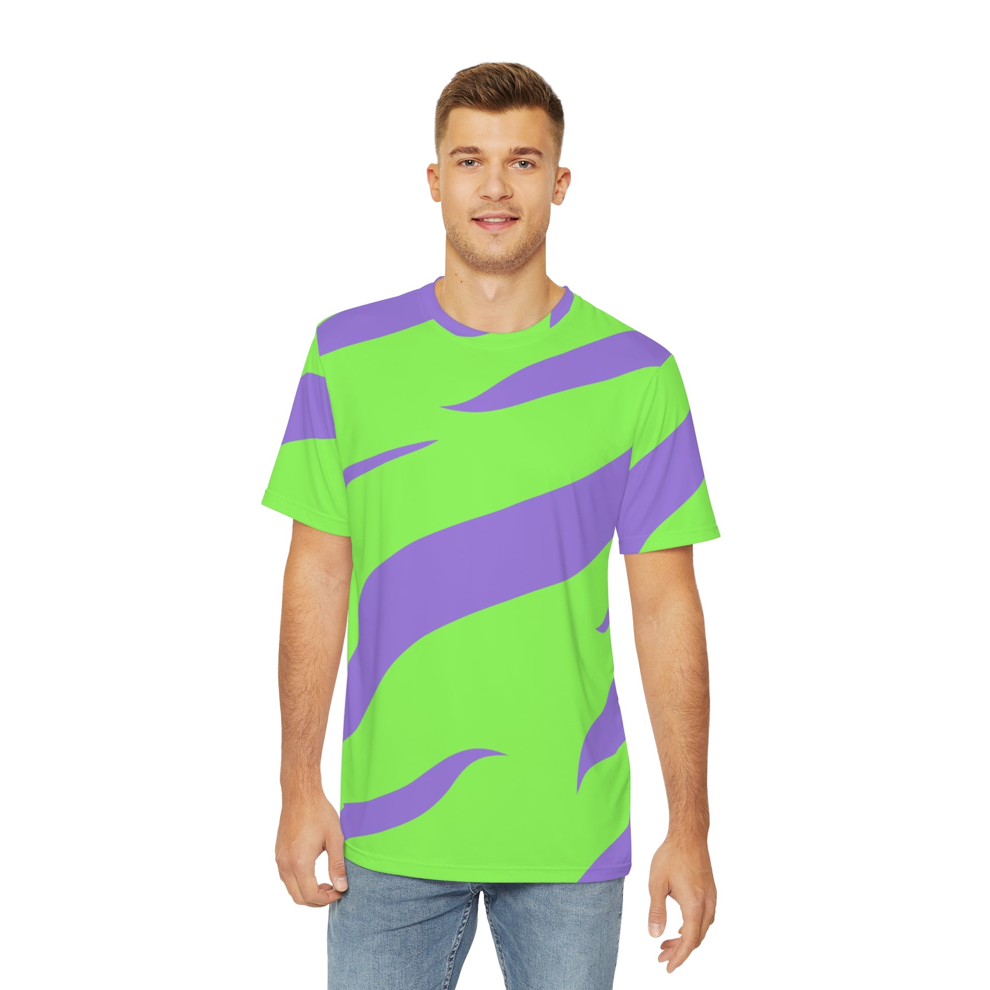 Tyrannosaurus Print Green and Purple Men's Polyester Tee (AOP), Artsulli - Art is Long, Life is Short, All Over Prints, , , , , , , 