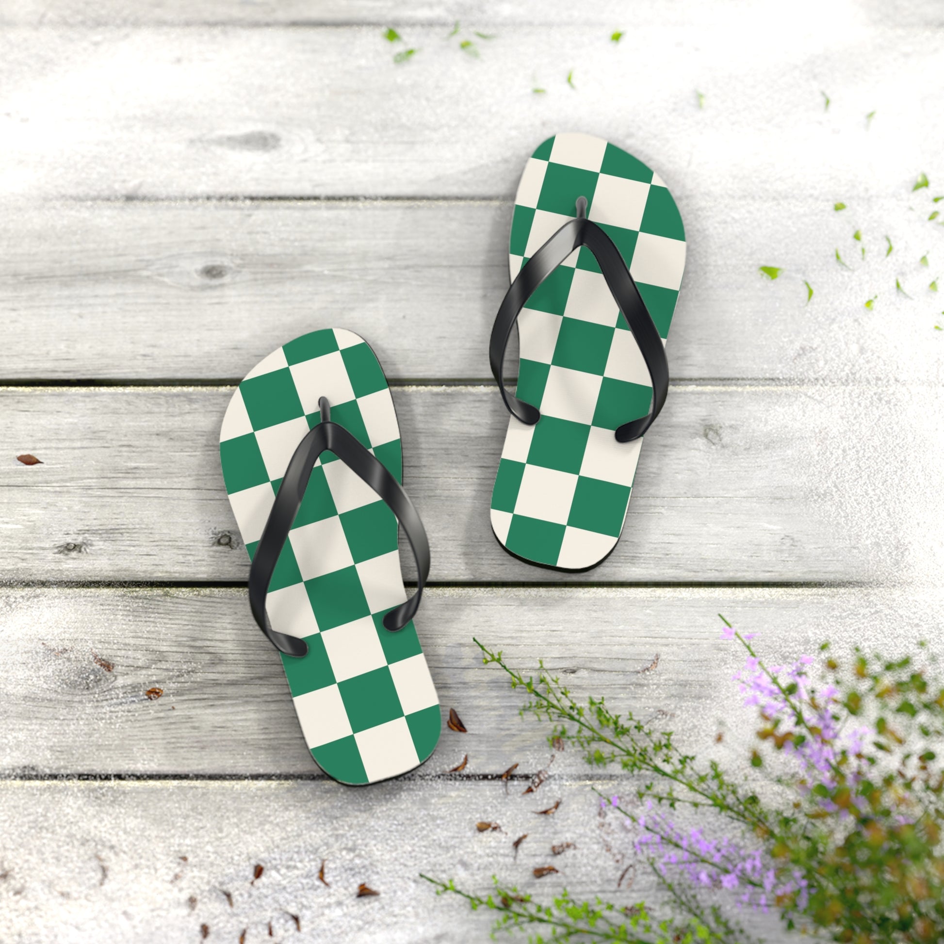 Checkerboard Dark Green Flip Flops, Artsulli - Art is Long, Life is Short, Shoes, , , , , , , 