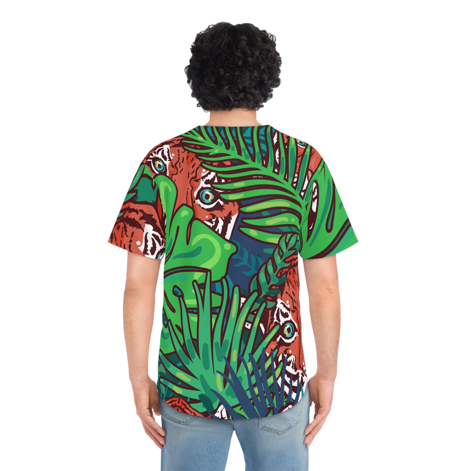 Tropical Jungle Tigers Blue and Green Men's Baseball Jersey (AOP), Artsulli - Art is Long, Life is Short, All Over Prints, , , , , , , 