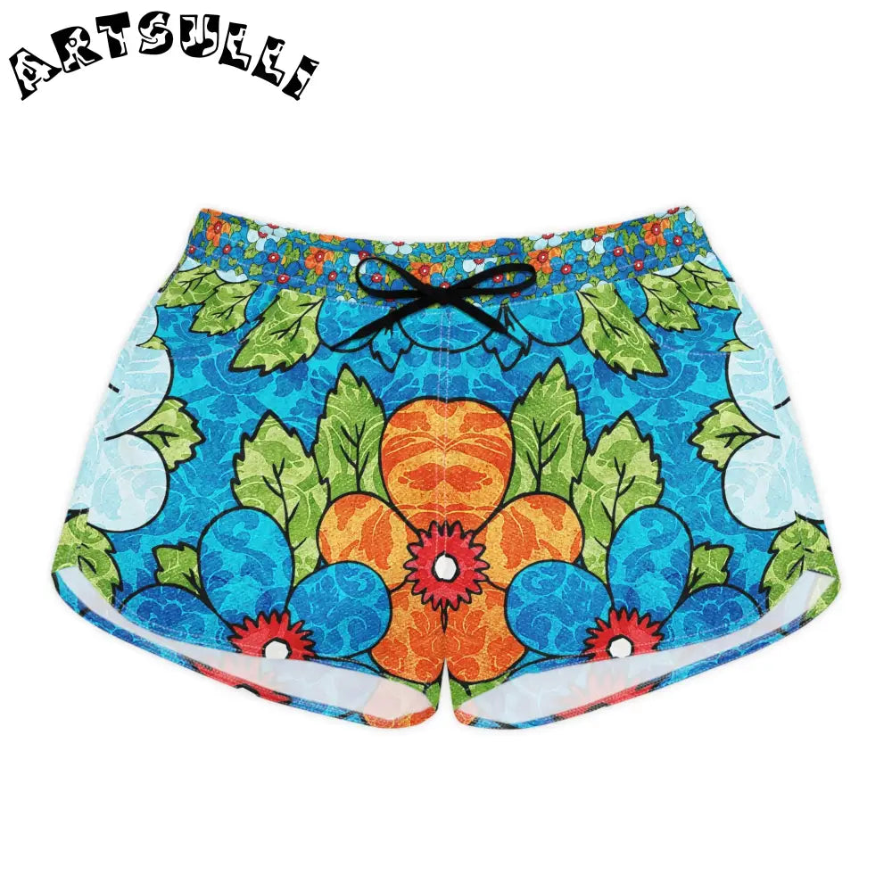 Blue Orange Groovy II Women's Casual Shorts (AOP), Artsulli - Art is Long, Life is Short, All Over Prints, Size, S, Color, Black drawstring, , , 13783643059907083075