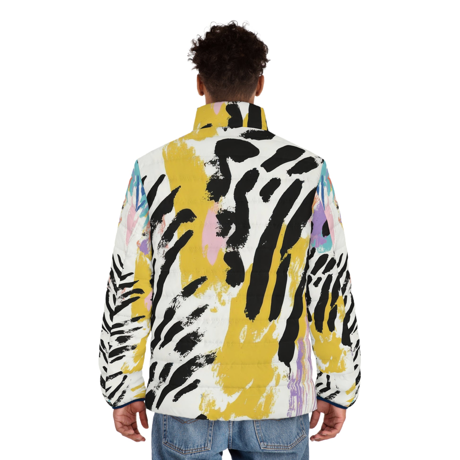 Wild Zebra Stripes x Paint Brush Strokes Multi-Color Men's Puffer Jacket (AOP), Artsulli - Art is Long, Life is Short, All Over Prints, , , , , , , 