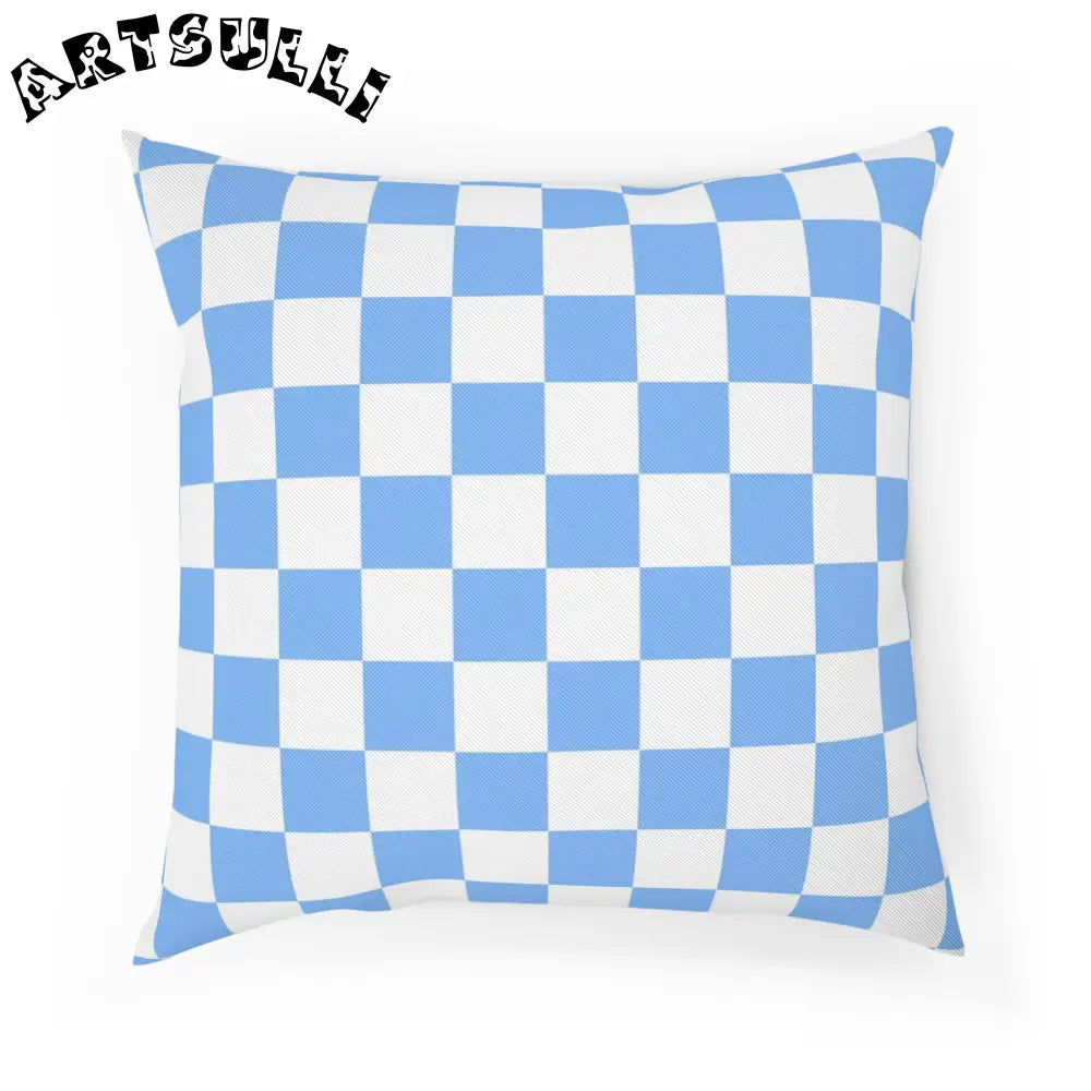 JAKKOUTTHEBXX Checkerboard White and Light Blue Cushion