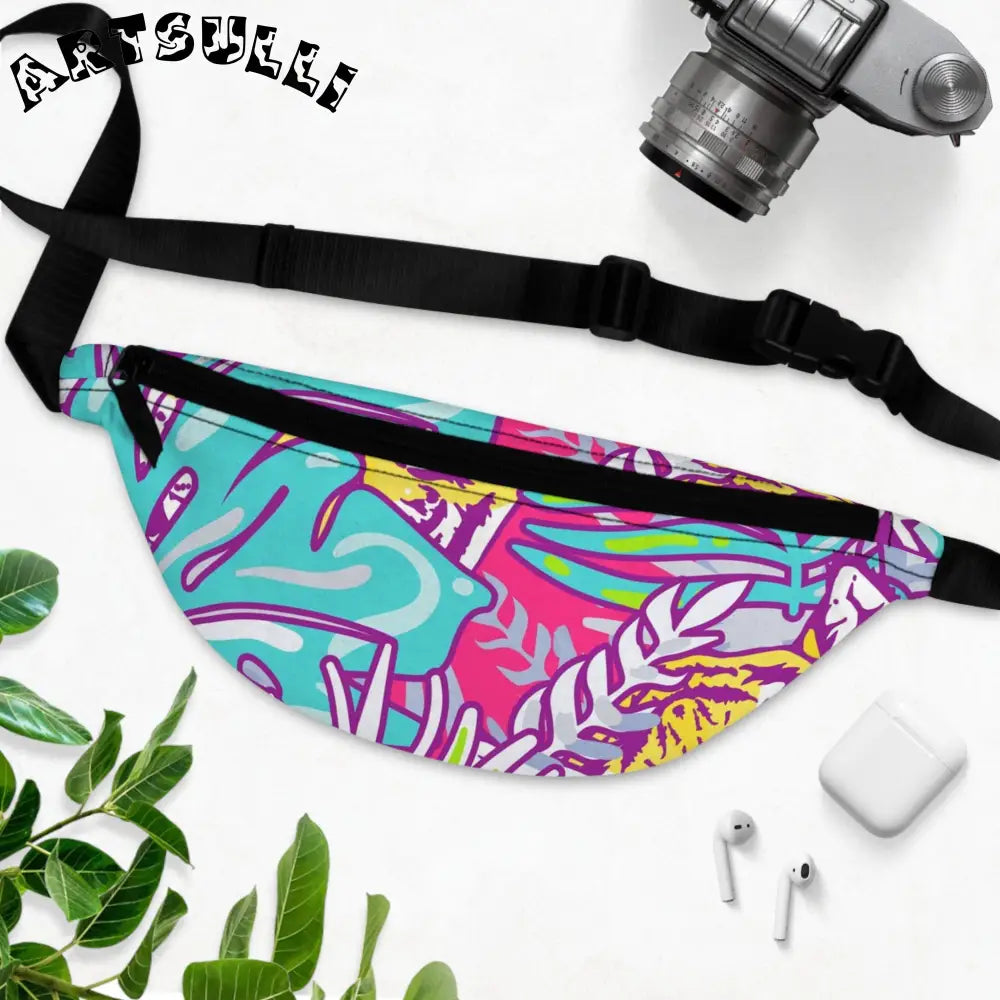 JAKKOUTTHEBXX Tropical Floral Tigers Torquise and Purple Fanny Pack