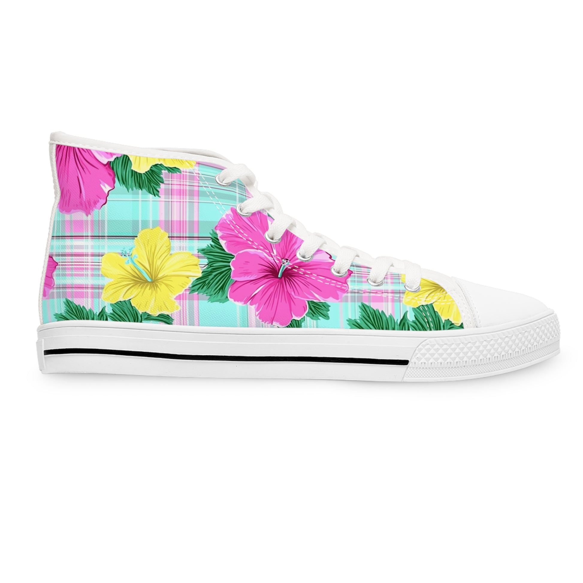 Plaid Hibiscus Pink and Yellow Women's High Top Sneakers, Artsulli - Art is Long, Life is Short, Shoes, , , , , , , 
