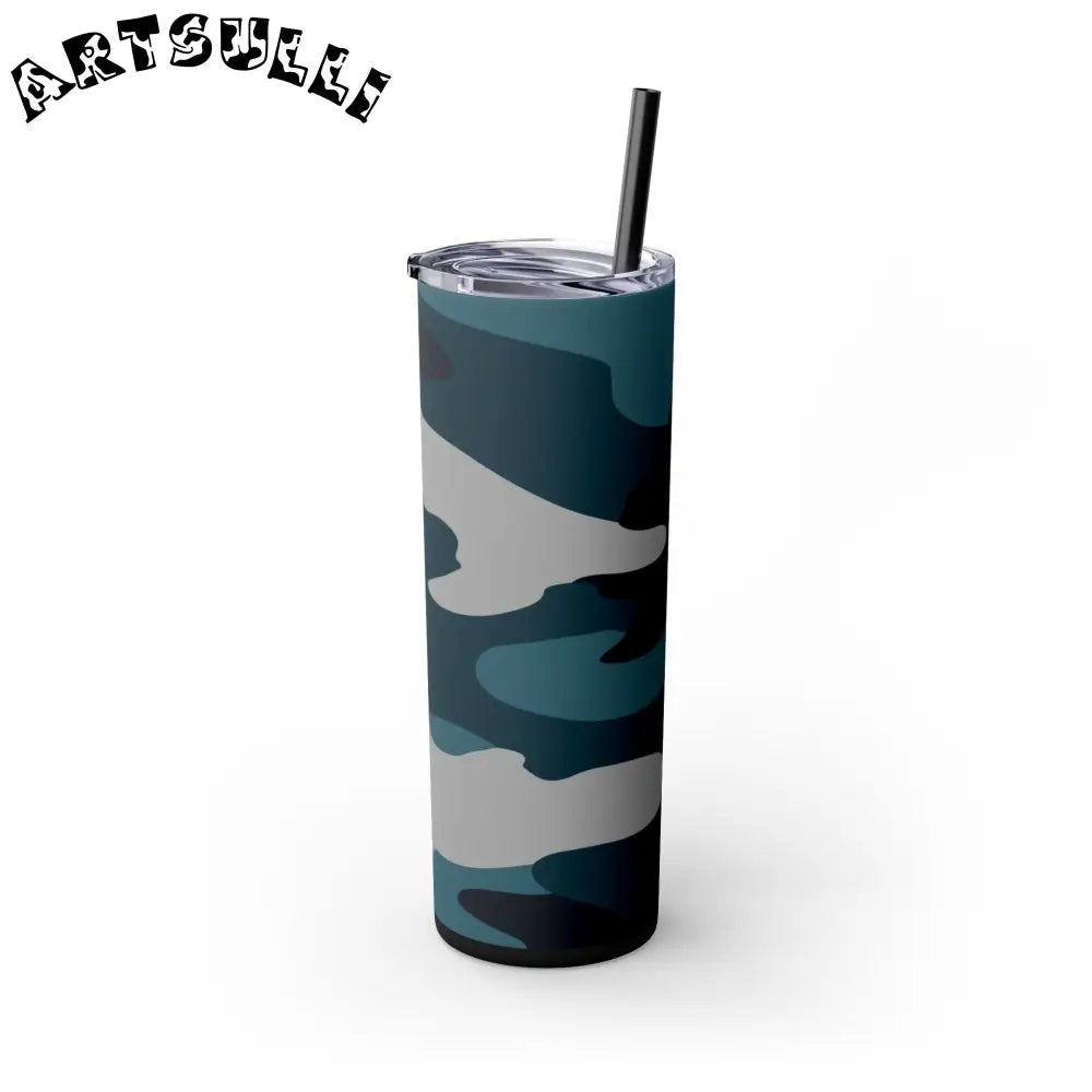 JAKKOUTTHEBXX Blue Camouflage Skinny Tumbler with Straw 20oz