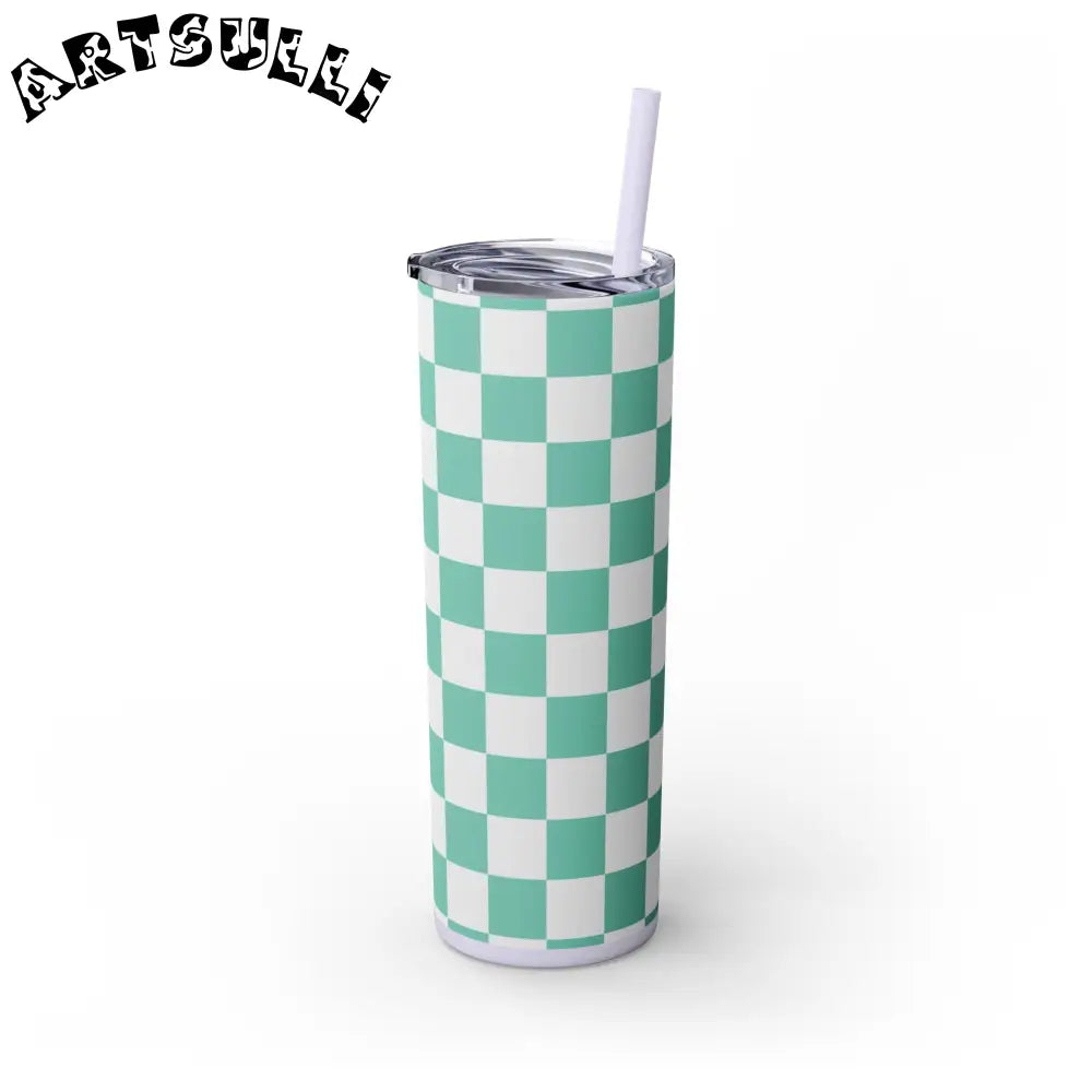 JAKKOUTTHEBXX Checkerboard Light Green Skinny Tumbler with Straw