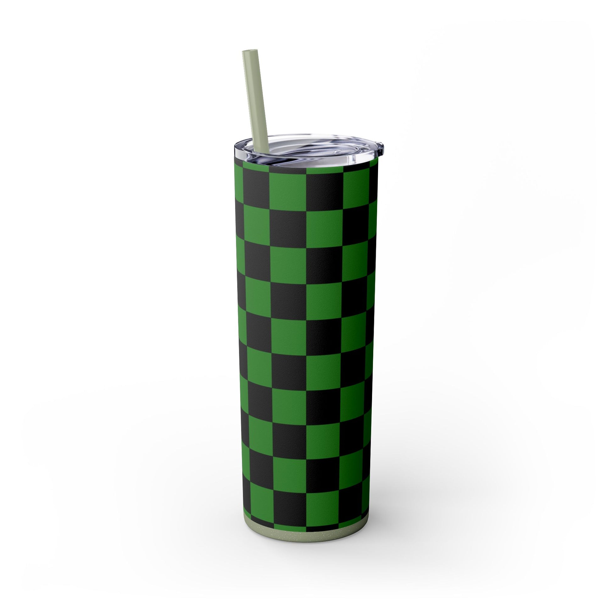 Checkerboard Green and Black Skinny Tumbler with Straw, 20oz, Artsulli - Art is Long, Life is Short, Mug, , , , , , , 