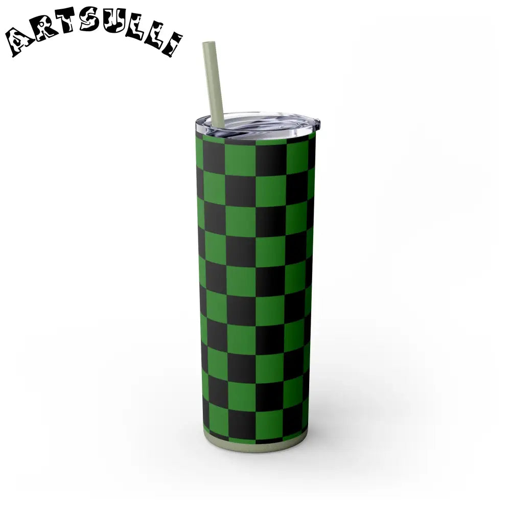 JAKKOUTTHEBXX Checkerboard Green and Black Skinny Tumbler with Straw
