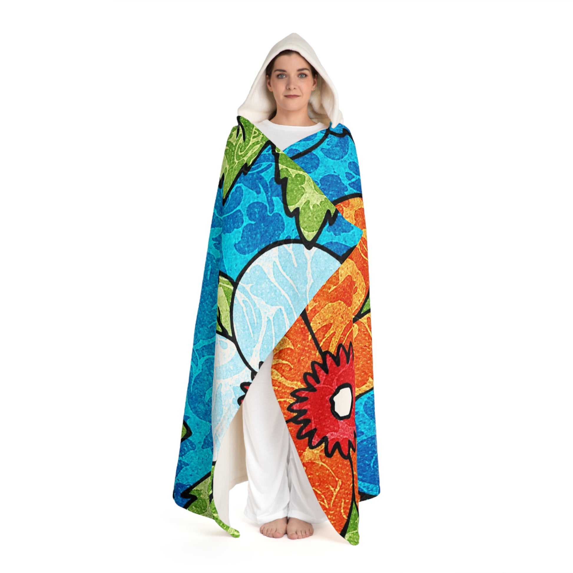 Blue Orange Groovy Hooded Sherpa Fleece Blanket, Artsulli - Art is Long, Life is Short, All Over Prints, , , , , , , 