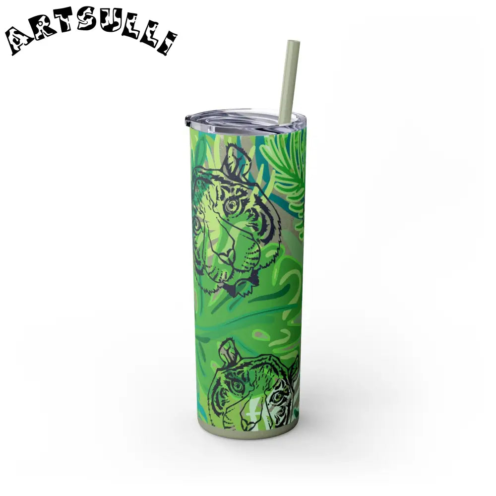 JAKKOUTTHEBXX Tropical Jungle Tigers Green Skinny Tumbler with Straw