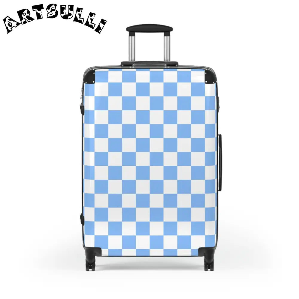 JAKKOUTTHEBXX Checkerboard White and Light Blue Suitcase