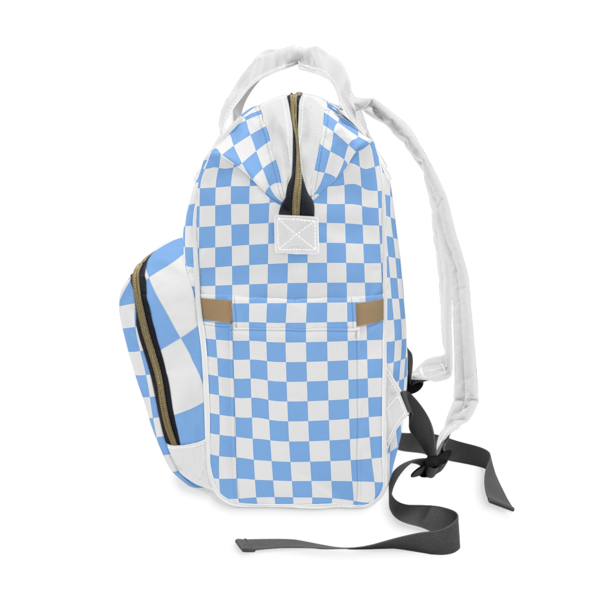Checkerboard White and Light Blue Multifunctional Diaper Backpack, Artsulli - Art is Long, Life is Short, Bags, , , , , , , 