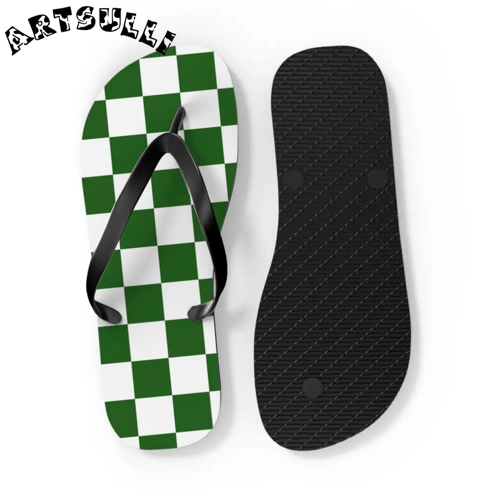 JAKKOUTTHEBXX Checkerboard White and Dark Green Flip Flops