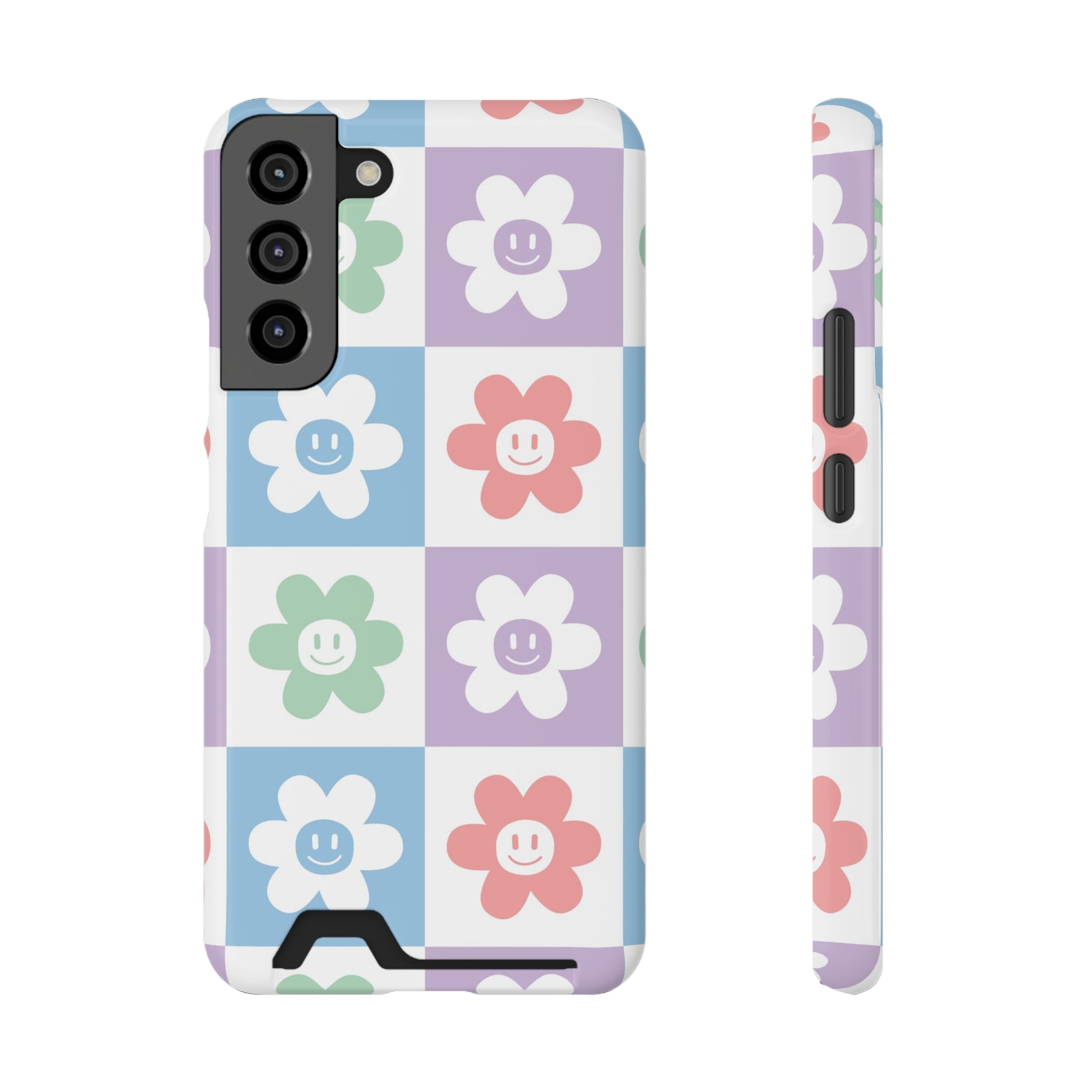 Chessboard x Smiley Face Flowers Multi-Color Phone Case With Card Holder, Artsulli - Art is Long, Life is Short, Phone Case, Size, Samsung Galaxy S22 Plus, Surface, Glossy, Shape, With gift packaging, 93153868674541193802