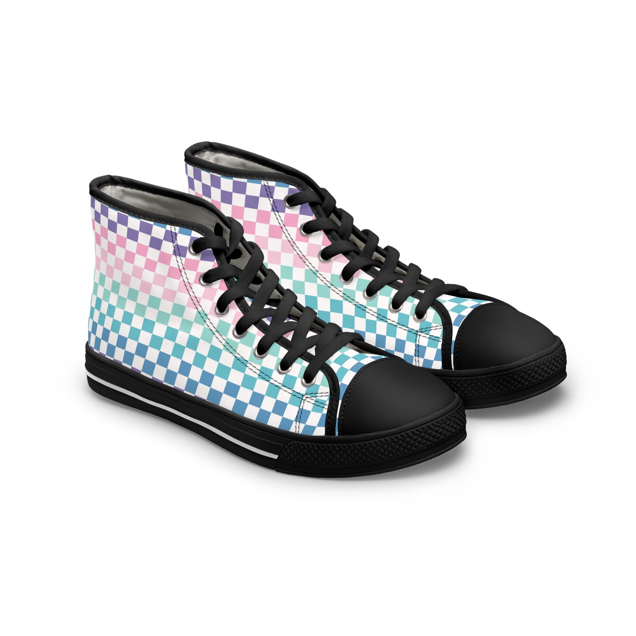 Vaporwave Rainbow  Checkerboard II Multi-Color Women's High Top Sneakers, Artsulli - Art is Long, Life is Short, Shoes, Size, US 5.5, Color, Black sole, , , 69054119697100047954