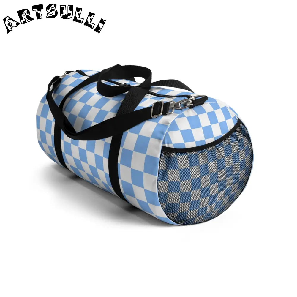 JAKKOUTTHEBXX Checkerboard II White and Light Blue Duffel Bag
