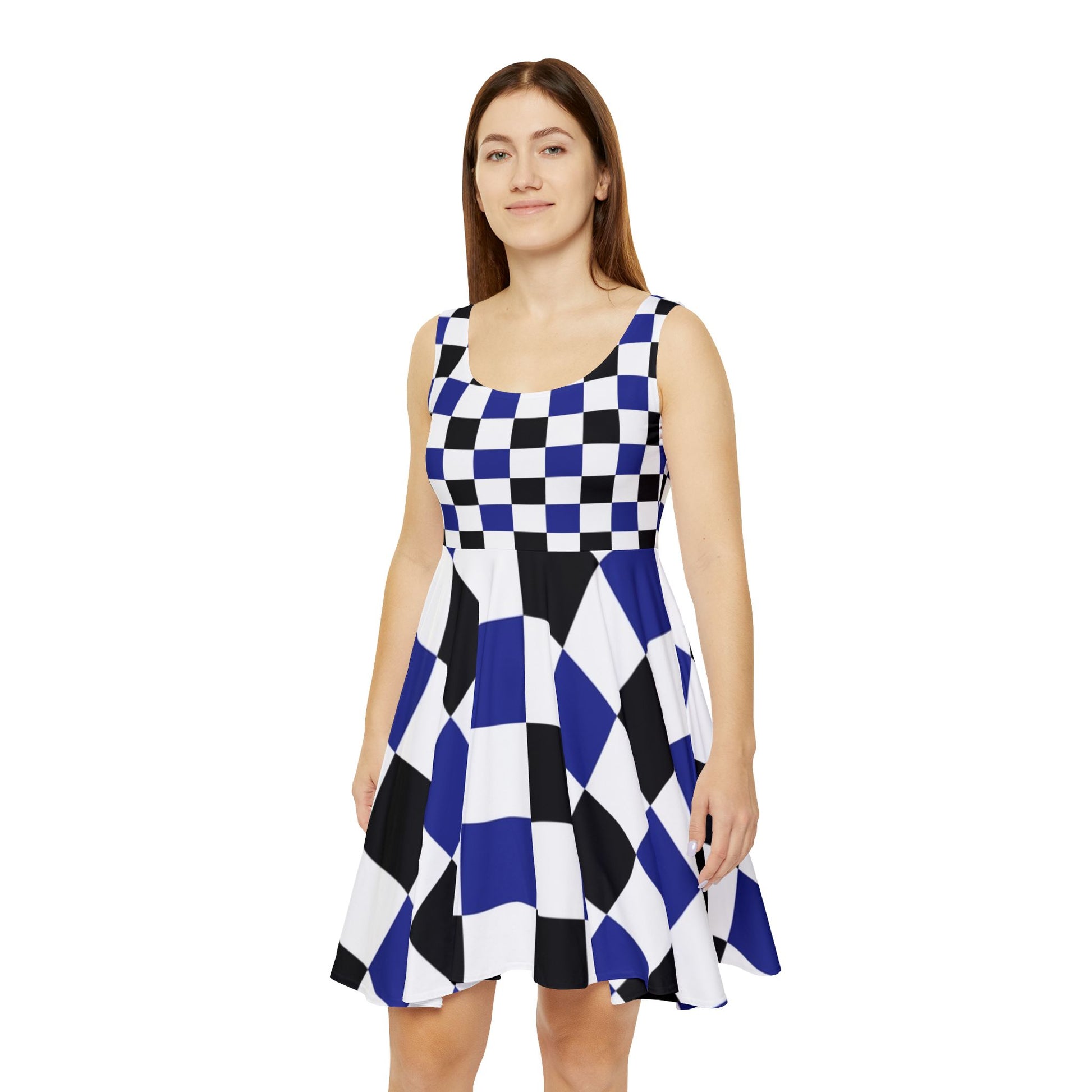 Checkerboard Blue White and Black Women's Skater Dress (AOP), Artsulli - Art is Long, Life is Short, All Over Prints, , , , , , , 