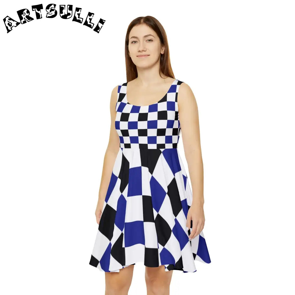 JAKKOUTTHEBXX Checkerboard Blue White and Black Women’s Skater Dress