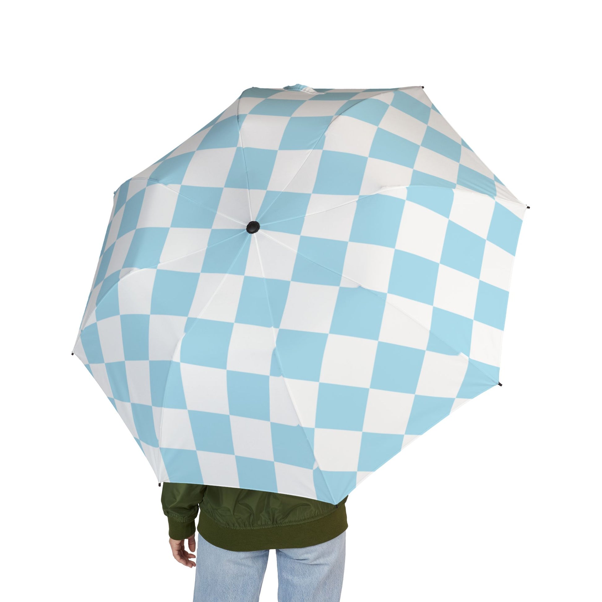 Checkerboard Sky Blue Semi-Automatic Foldable Umbrella, Artsulli - Art is Long, Life is Short, Accessories, , , , , , , 