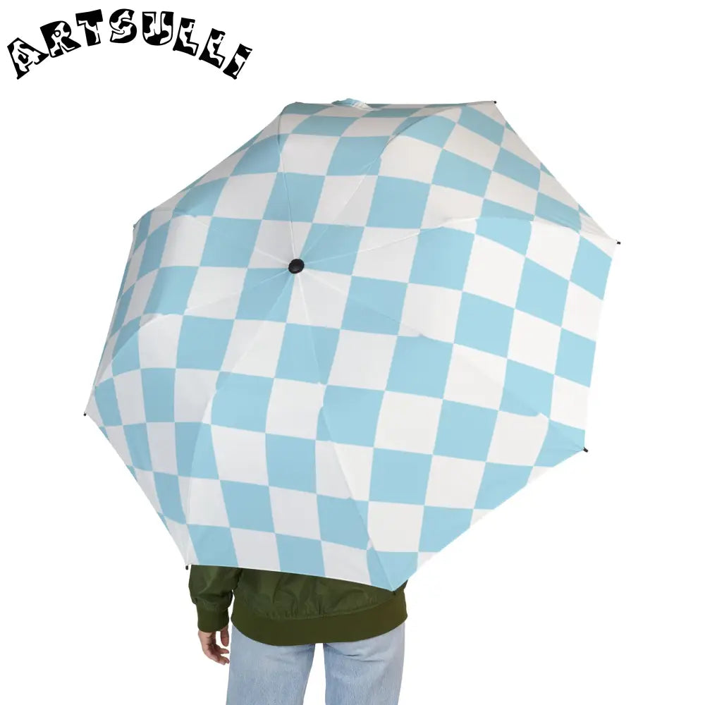 JAKKOUTTHEBXX Checkerboard Sky Blue Semi-Automatic Foldable Umbrella