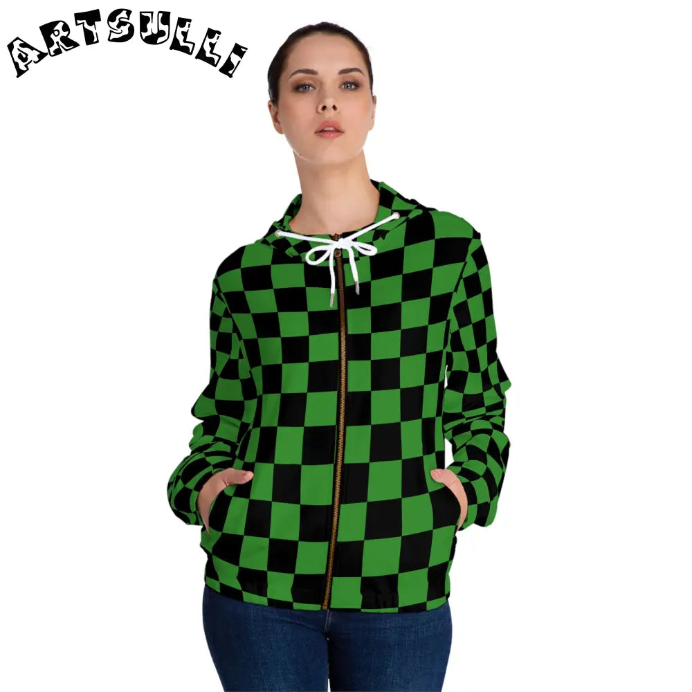 JAKKOUTTHEBXX Checkerboard Green and Black Women’s Full-Zip Hoodie