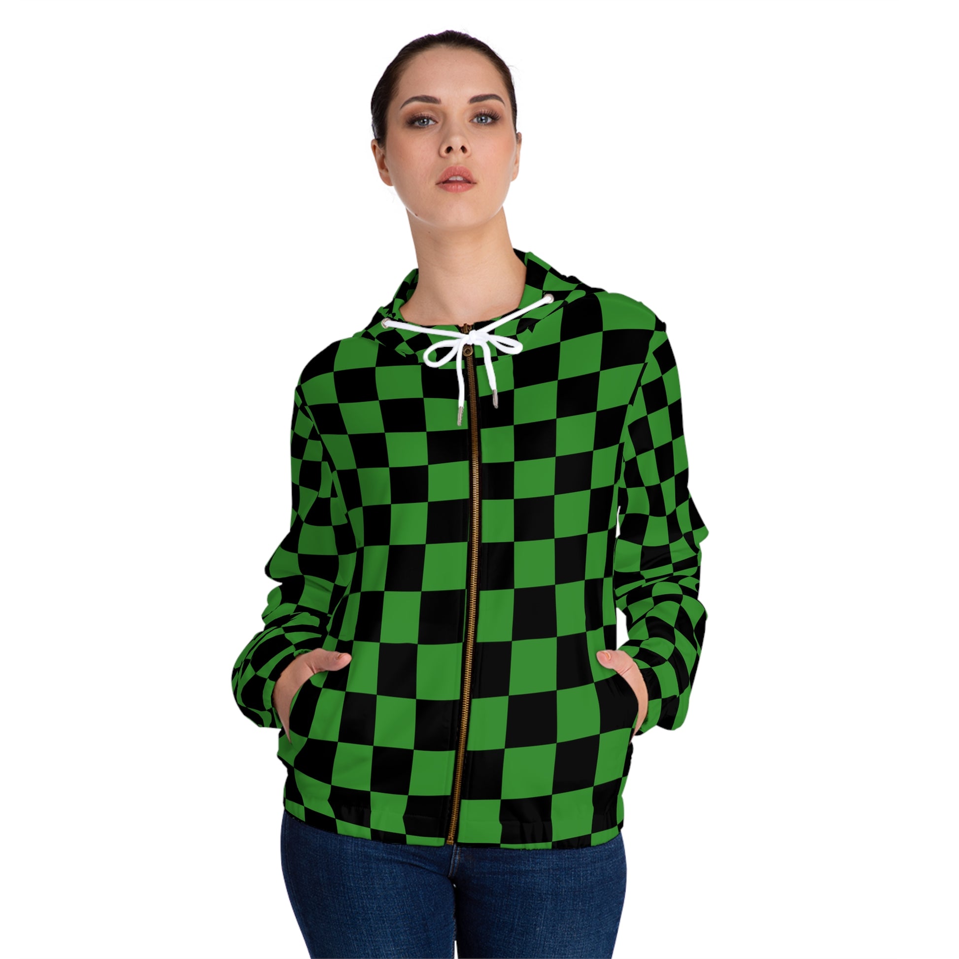 Checkerboard Green and Black Women’s Full-Zip Hoodie (AOP), Artsulli - Art is Long, Life is Short, All Over Prints, , , , , , , 