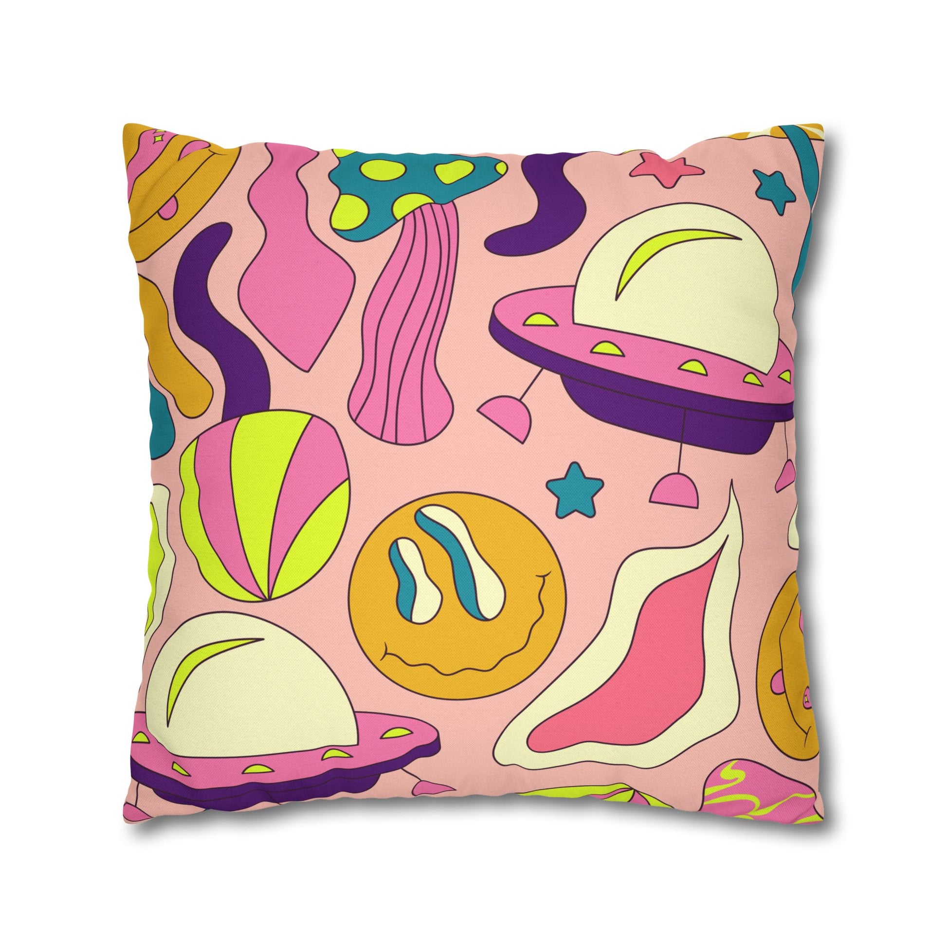 Trippy Spaceships Pink Spun Polyester Square Pillowcase, Artsulli - Art is Long, Life is Short, Home Decor, , , , , , , 