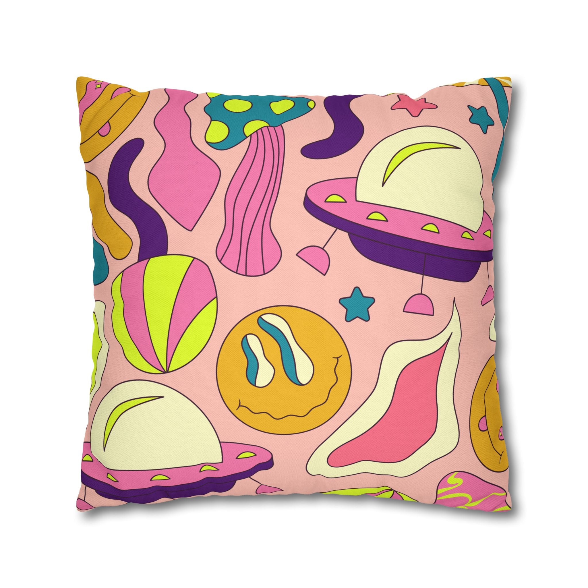 Trippy Spaceships Pink Spun Polyester Square Pillowcase, Artsulli - Art is Long, Life is Short, Home Decor, , , , , , , 