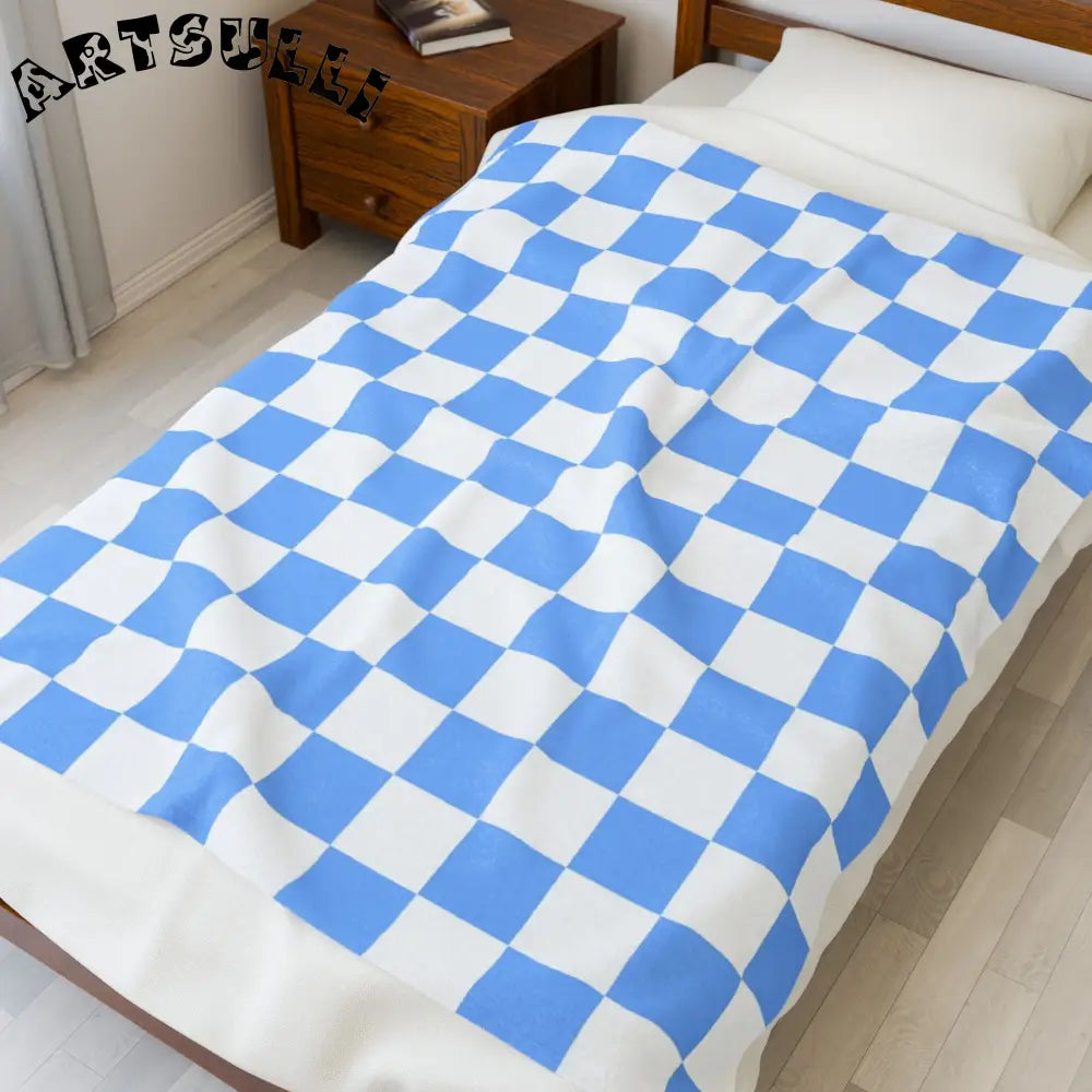 JAKKOUTTHEBXX Checkerboard White and Light Blue Velveteen Plush