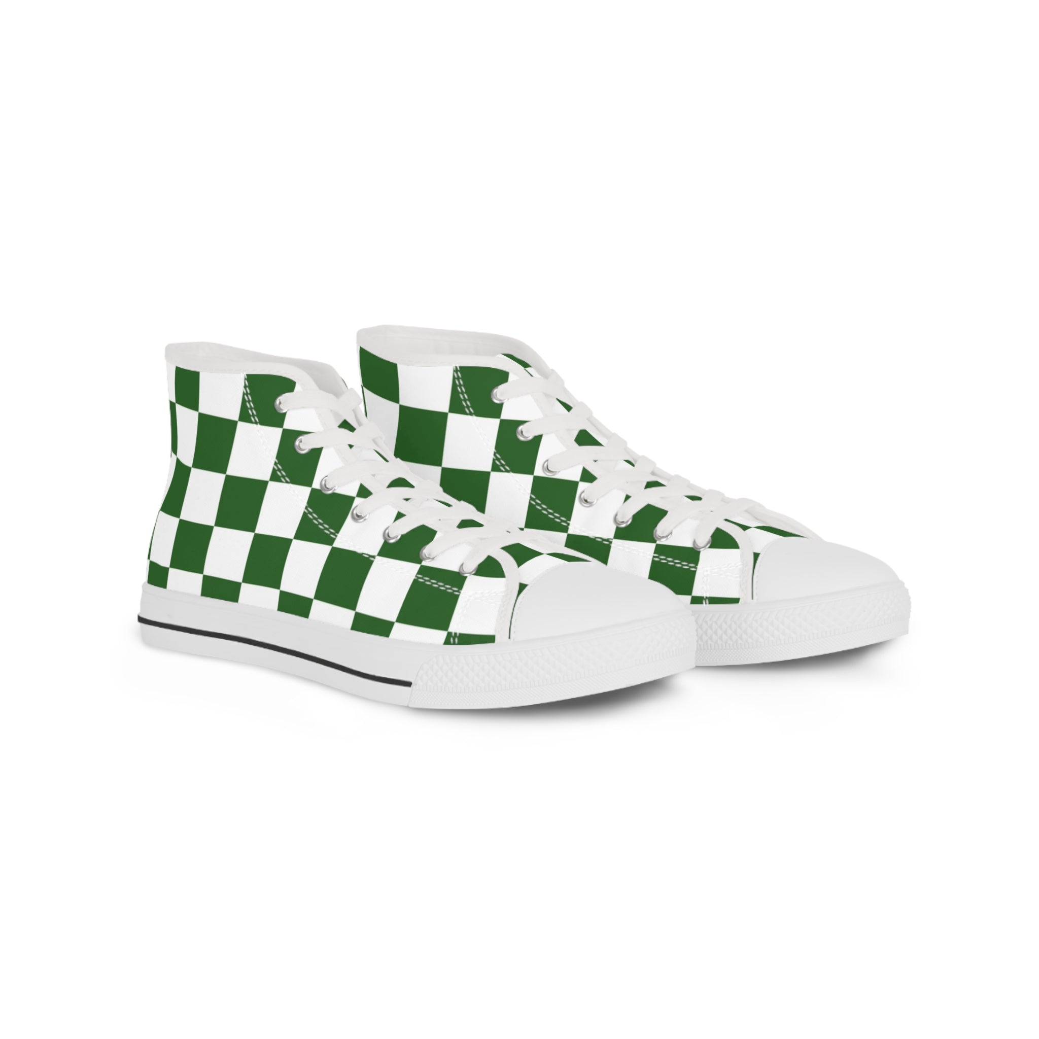 Checkerboard White and Dark Green Men's High Top Sneakers, Artsulli - Art is Long, Life is Short, Shoes, Size, US 5, Color, White sole, , , 24505523496034257970