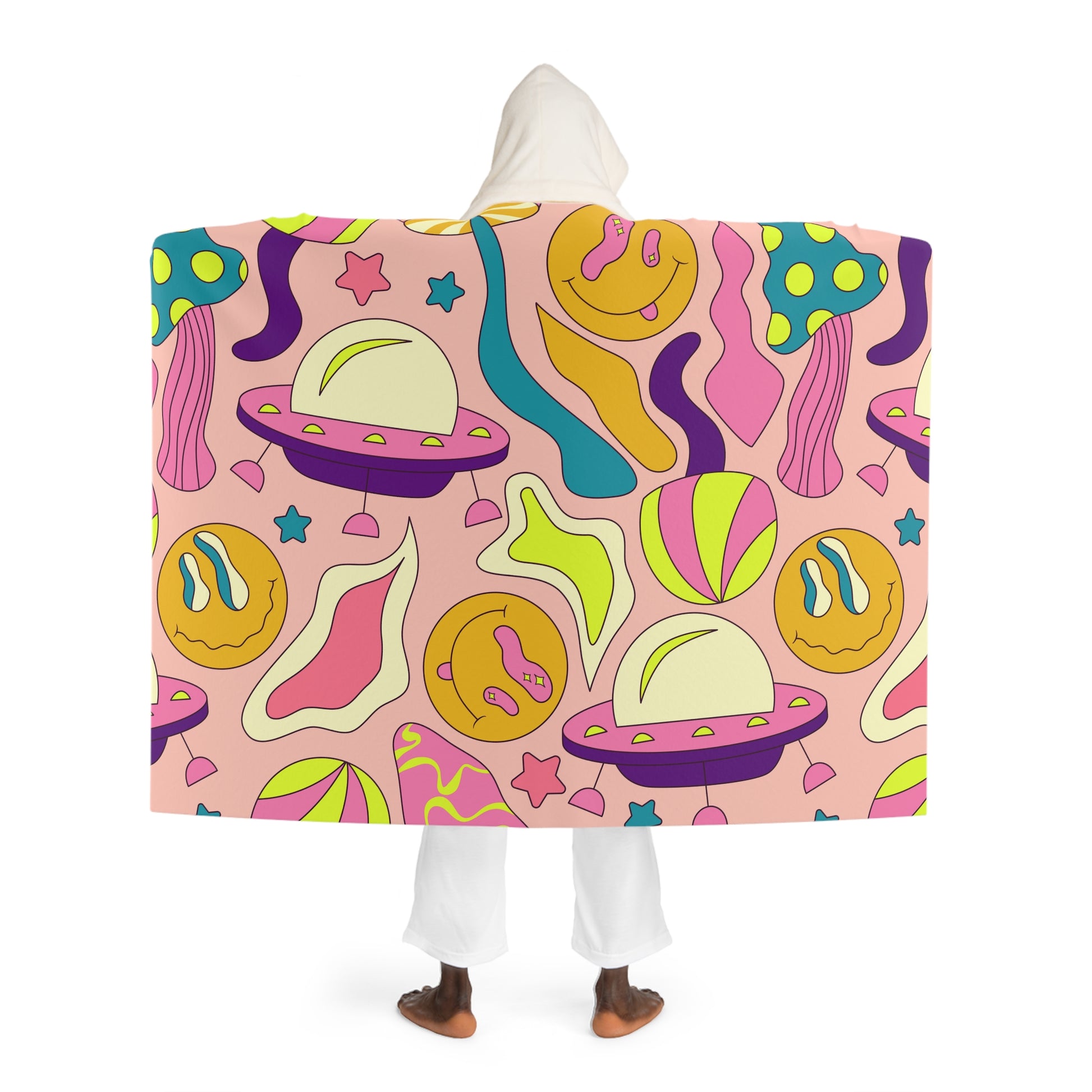 Trippy Spaceships Pink Hooded Sherpa Fleece Blanket, Artsulli - Art is Long, Life is Short, All Over Prints, , , , , , , 