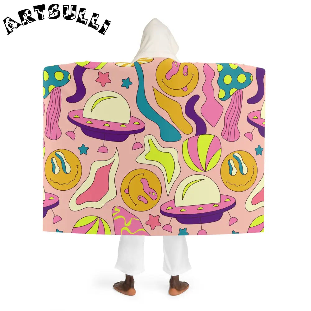 JAKKOUTTHEBXX Trippy Spaceships Pink Hooded Sherpa Fleece Blanket